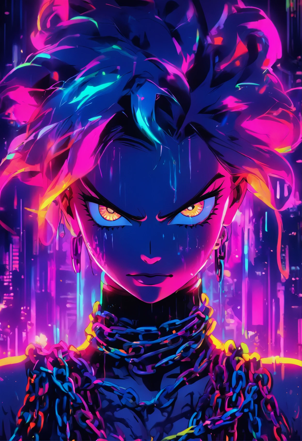 a digital painting of a woman with chains around her neck, intricate artwork. neon eyes, dripping in neon paint, neon vibes, neon and dark, neon operator margot robbie, airbrush digital art, neon digital art, airbrush art, neon ink, inspired by Mike Winkelmann, stunning artwork, 3 d neon art of a womens body, vibrant colors hyper realism