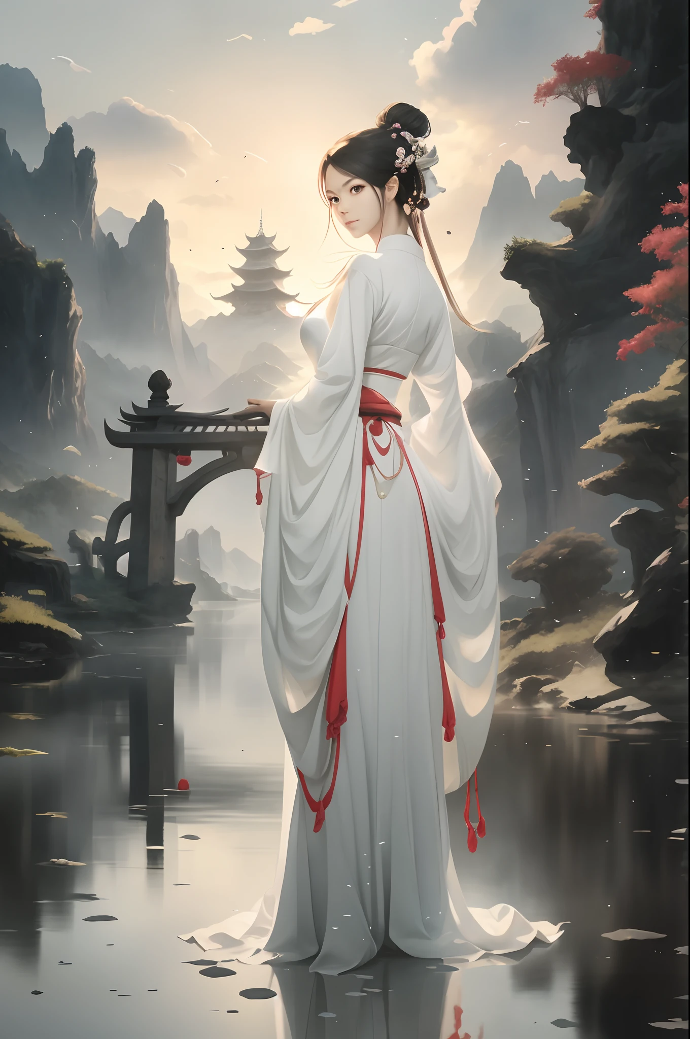 Alavid woman sitting on a raft in the mountains, ross tran. Landscape Background, Style by Rafael Lacoste, Beautiful concept art, Chinese fantasy, Floating land in the clouds, by Yang J, author:Rafael Lacoste, beautiful anime scene, Ross Tran and Michael Whelan, by Li Song, anime beautiful peace scene, Inspired by Rafael Lacoste