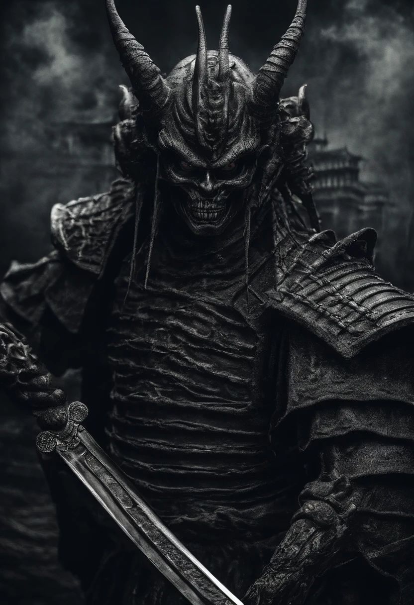 High quality, 4k, masterpiece, detailed, samurai wearing hannya demon mask holding katana, hr giger style, in the style of hr giger, dark, scary, demonic, dark plain background