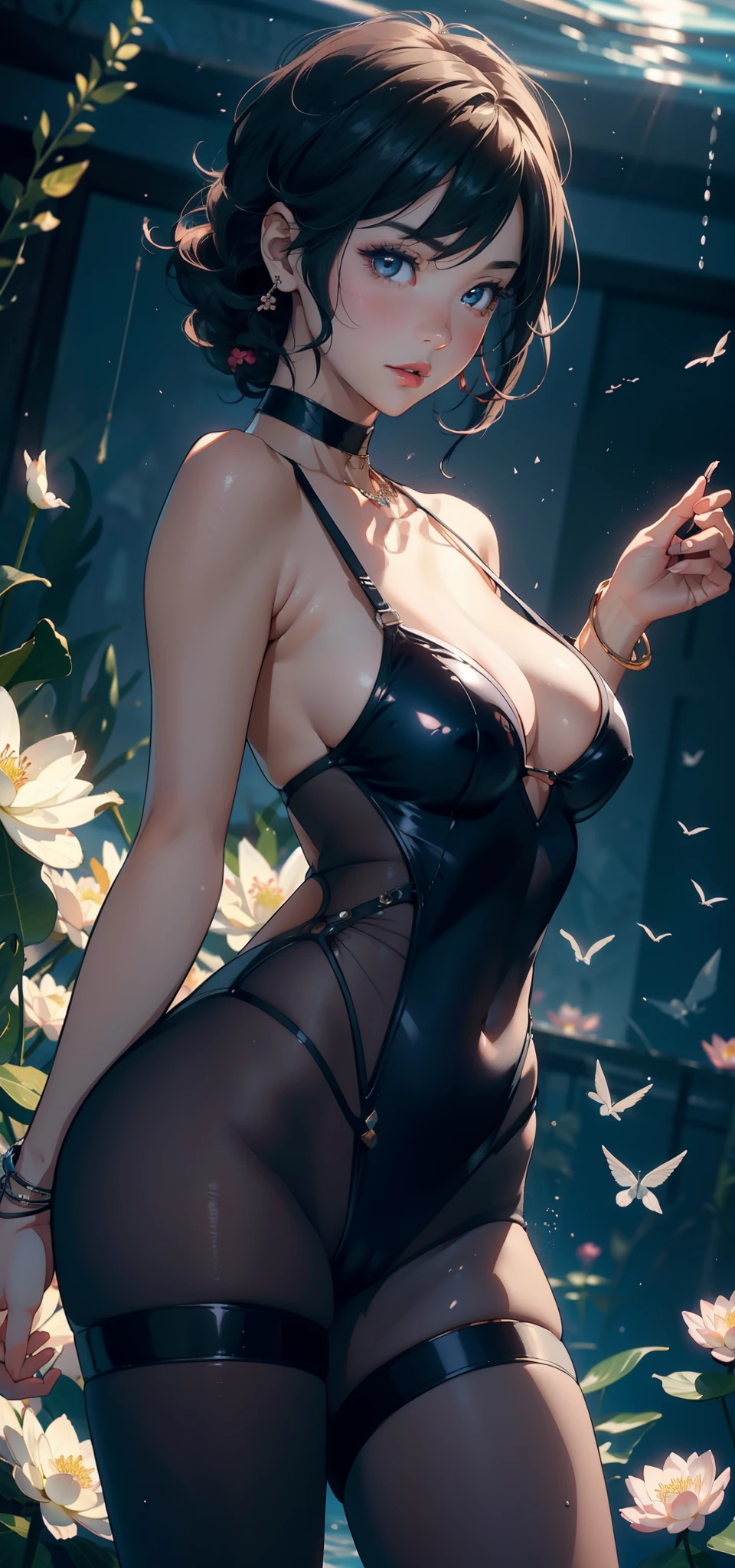 1female,45 yers old,Married Woman,熟妇,plumw,extremely large bosom, 独奏,(Background with:ponds,Cherry blossom forest,lotus flower)Lie underwater, She has short pink hair,seen from the front,, mostly cloudy sky,(((tmasterpiece),(Very detailed CG unity 8K wallpaper),best qualtiy,cinmatic lighting,detailed back ground,beatiful detailed eyes,Bright pupils,Black eyes,Snow-whiteskin,Redlip(Very fine and beautiful),(Beautiful and detailed eye description),ultra - detailed,tmasterpiece,))facing at camera,A high resolution,ultra - detailed),revealing breasts,Bare genitalia, Bulge,legs are open,Raised sexy,Camel toes,Desire for dissatisfaction,frontage,Egyptian costumes(Wearing:Transparent tights,Bare ,jewelry,choker necklace,Bracelet)