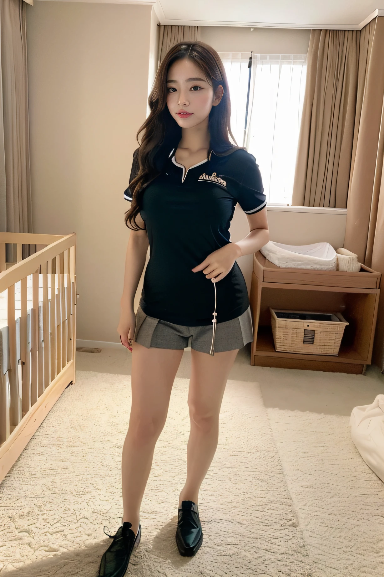 (top-quality、8K、32K、masterpiece、nffsw:1.2)、Photo of a ellegant Japanese woman、 1 人、hyper-realistic face, (Long dark brown hair)、(Glamurous body)、thighs、(huge breasts)、二重まぶた、Babysitter nursery uniform、black shirt、open-shirt、Nursery day care center、baby room、The upper part of the body、full bodyesbian, crib in the background, next to a feeding chair, baby room, high toddler chair, baby decorations