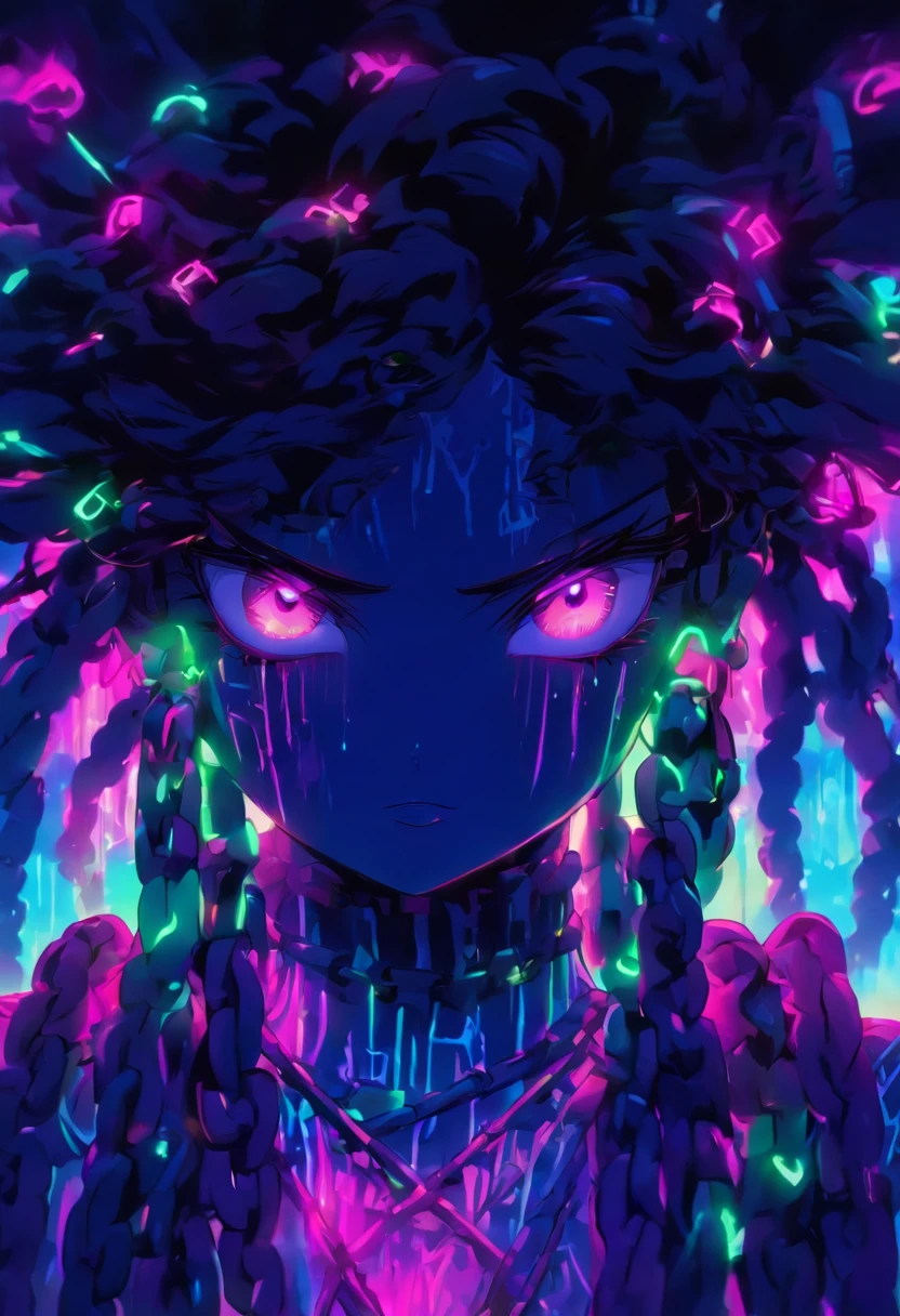 a digital painting of a woman with chains around her neck, intricate artwork. neon eyes, dripping in neon paint, neon vibes, neon and dark, neon PURPLE, Turquoise,PINK, GREEN, airbrush digital art, neon digital art, airbrush art, neon ink, inspired by Mike Winkelmann, stunning artwork, 3 d neon art of a womens body, vibrant colors hyper realism
