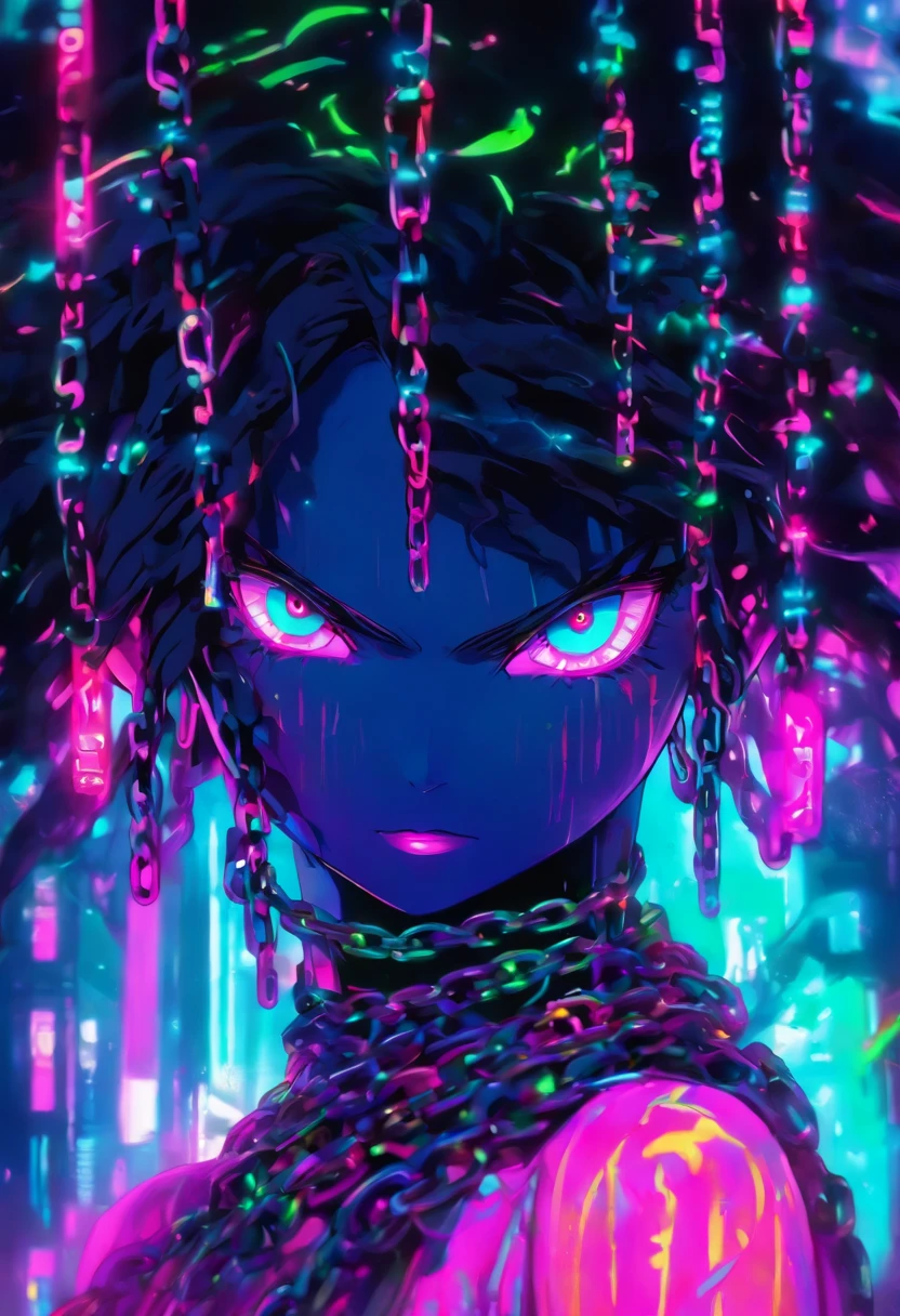 a digital painting of a woman with chains around her neck, intricate artwork. neon eyes, dripping in neon paint, neon vibes, neon and dark, neon PURPLE, Turquoise,PINK, GREEN, airbrush digital art, neon digital art, airbrush art, neon ink, inspired by Mike Winkelmann, stunning artwork, 3 d neon art of a womens body, vibrant colors hyper realism