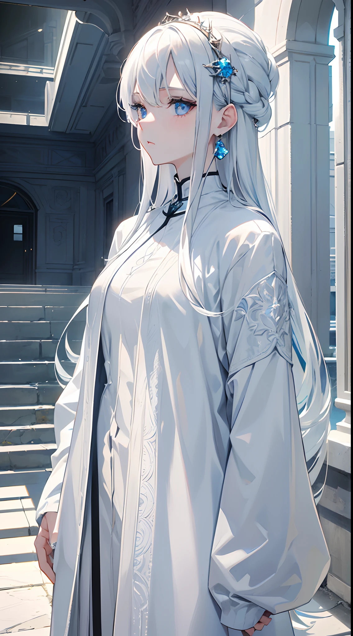 masterpiece, highlydetailed, ultra-detailed, cold, solo, (1woman), (pale skin), icyblue eyes, frosty white hair, young lady, medium breasts, goddess, cool kuudere woman, (sci-fi), (modern casual clothes), sleepy, lazy, flat expression, (polite clothes), (close clothes), (future clothes), (black clothes), model, actress, potrait