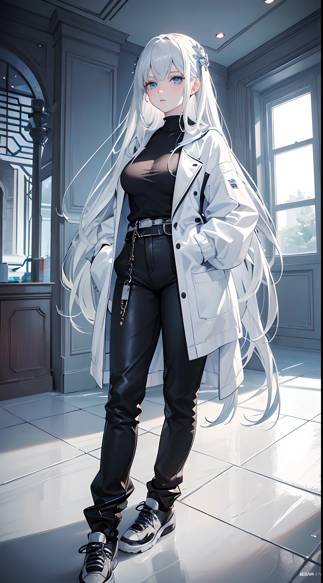 masterpiece, highlydetailed, ultra-detailed, cold, solo, (1woman), (pale skin), icyblue eyes, frosty white hair, young lady, medium breasts, goddess, cool kuudere woman, (sci-fi), (modern casual clothes), sleepy, lazy, flat expression, (polite clothes), (close clothes), (future clothes), (black clothes), model, actress, potrait