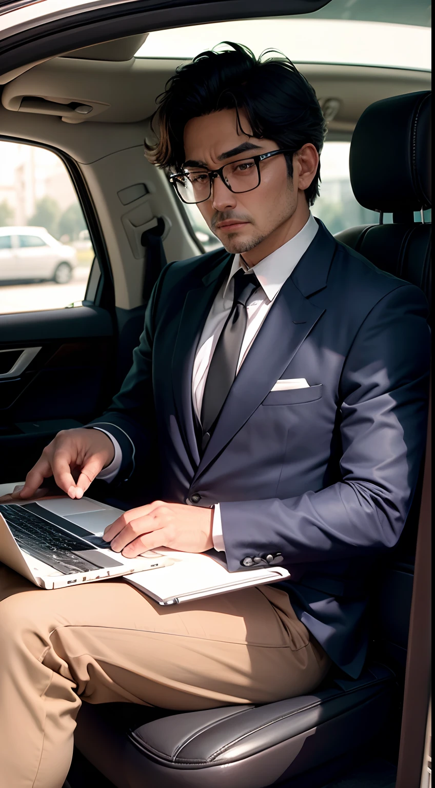 A rich man inside his luxurious car operating his laptop