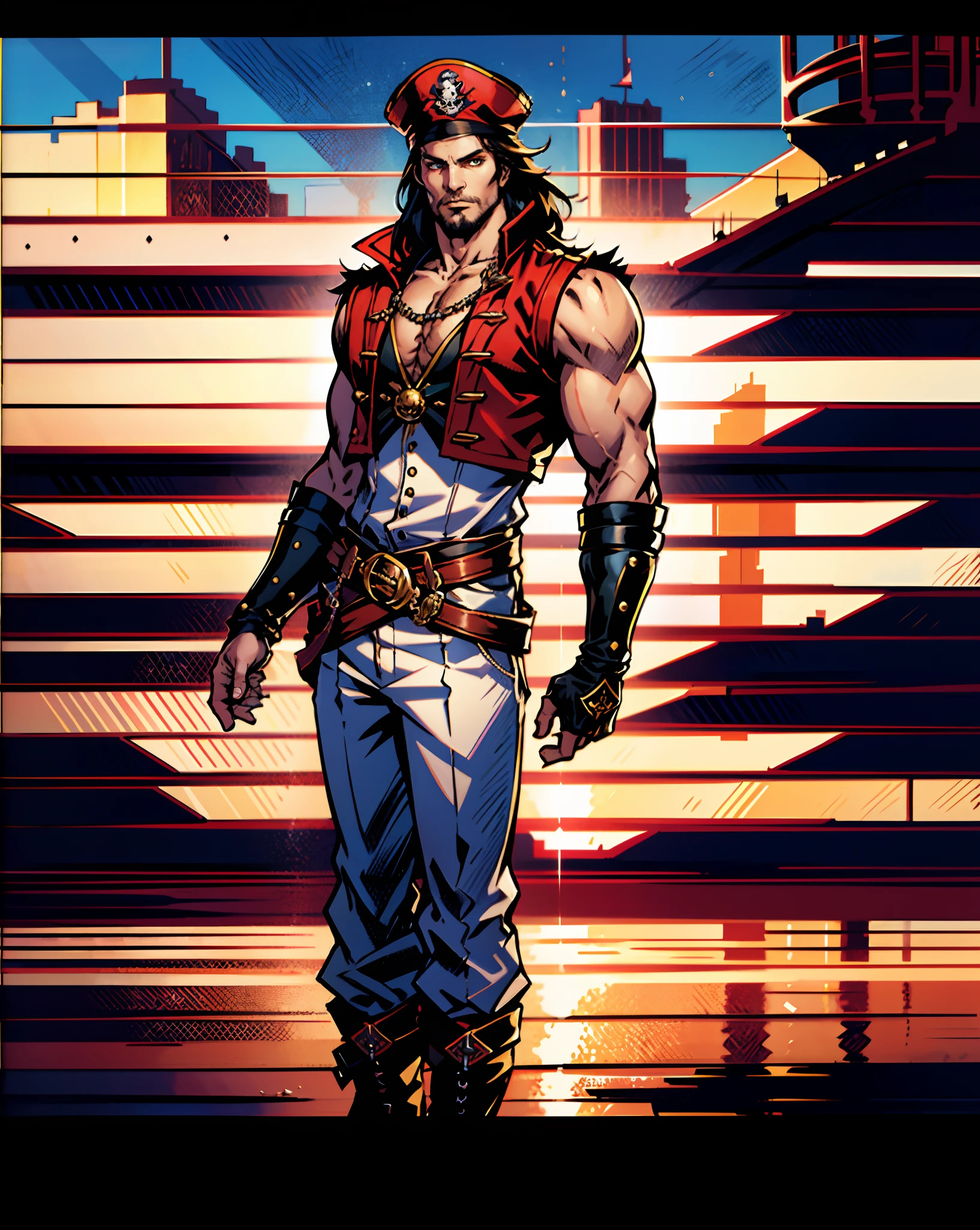 A middle-aged man with long black hair, medium length hair, wears a small round felt hat on his head, he has a cunning and sharp gaze, a beard, a tall and imposing figure, a fantasy-style pirate coat, sleeveless, exquisite stripes, a large skull pattern, has a golden sash around his waist, a leather belt with bone decorations, long gloves with metal ornaments, two-tone utility pants, knee-high leather boots, primarily in shades of black, accented by touches of red and yellow, he stands proudly at the bow of a massive pirate ship, this character embodies a finely crafted fantasy-style pirate in anime style, characterized by an exquisite and mature manga illustration art style, high definition, best quality, highres, ultra-detailed, ultra-fine painting, extremely delicate, professional, anatomically correct, symmetrical face, extremely detailed eyes and face, high quality eyes, creativity, RAW photo, UHD, 8k, Natural light, cinematic lighting, masterpiece:1.5