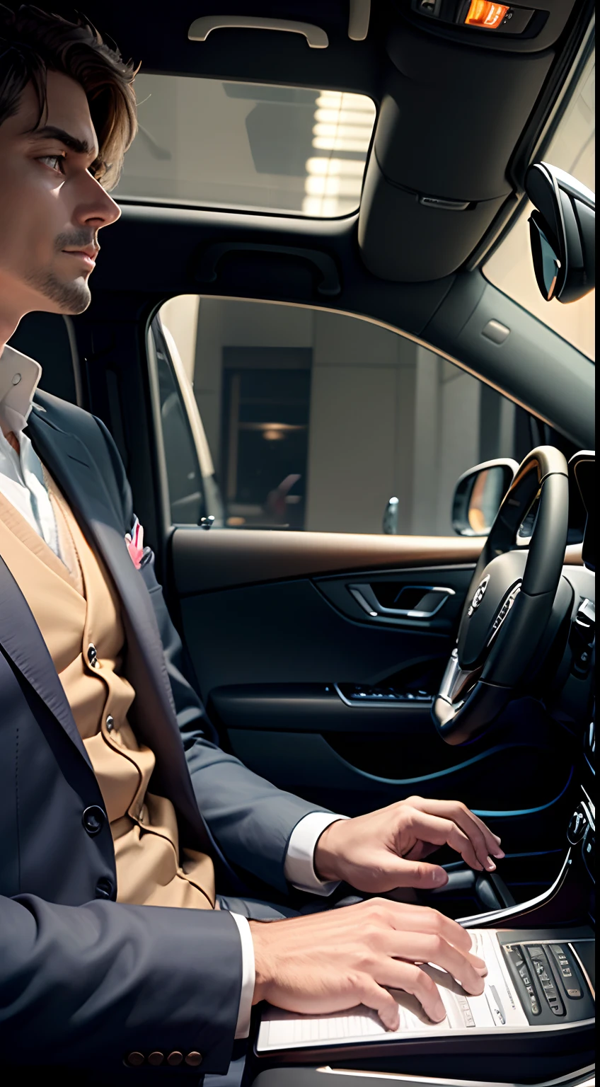 A rich man inside his luxurious car operating his laptop In a dark interior