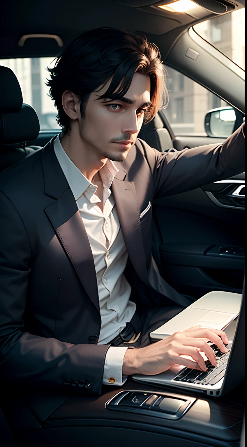 A rich man inside his luxurious car operating his laptop In a dark interior