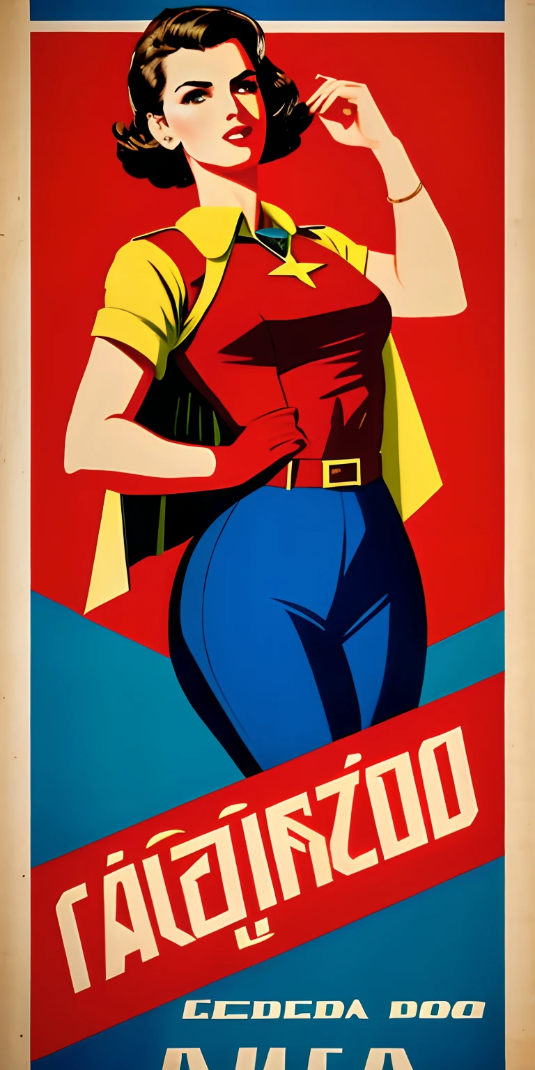 Poster americano segunda guerra mundial, estilo John Buscema ((Cartaz CCCP, Soviet poster)) (A woman with medium-sized dark hair in superhero outfit) propaganda Cartaz, cartaz, Blue sky with fighter jet, hero uniform, 1girl, solo, bom corpo, design de cartaz, estilo de arte poster. Anos 1980, 1950, 1960, 1940, Basic color scheme, cartaz muito colorido, arte colorida, terceira regra, inspirador, mulher, 1 menina madura, cabelo soprando ao vento, olhando para o espectador, revolutionary, fundo quadrado vermelho e azul, pernas grossas, olhos verdes