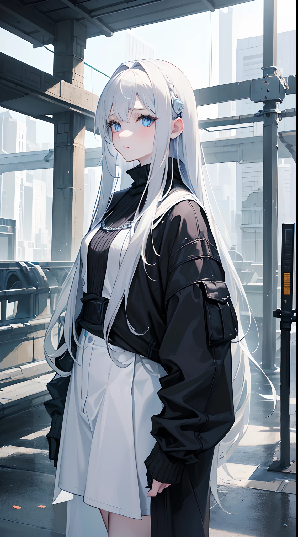 masterpiece, highlydetailed, ultra-detailed, cold, solo, (1woman), (pale skin), icyblue eyes, frosty white hair, young lady, medium breasts, goddess, cool kuudere woman, (sci-fi), (modern casual clothes), sleepy, lazy, flat expression, (polite clothes), (close clothes), (future clothes), (black clothes), model, actress, potrait