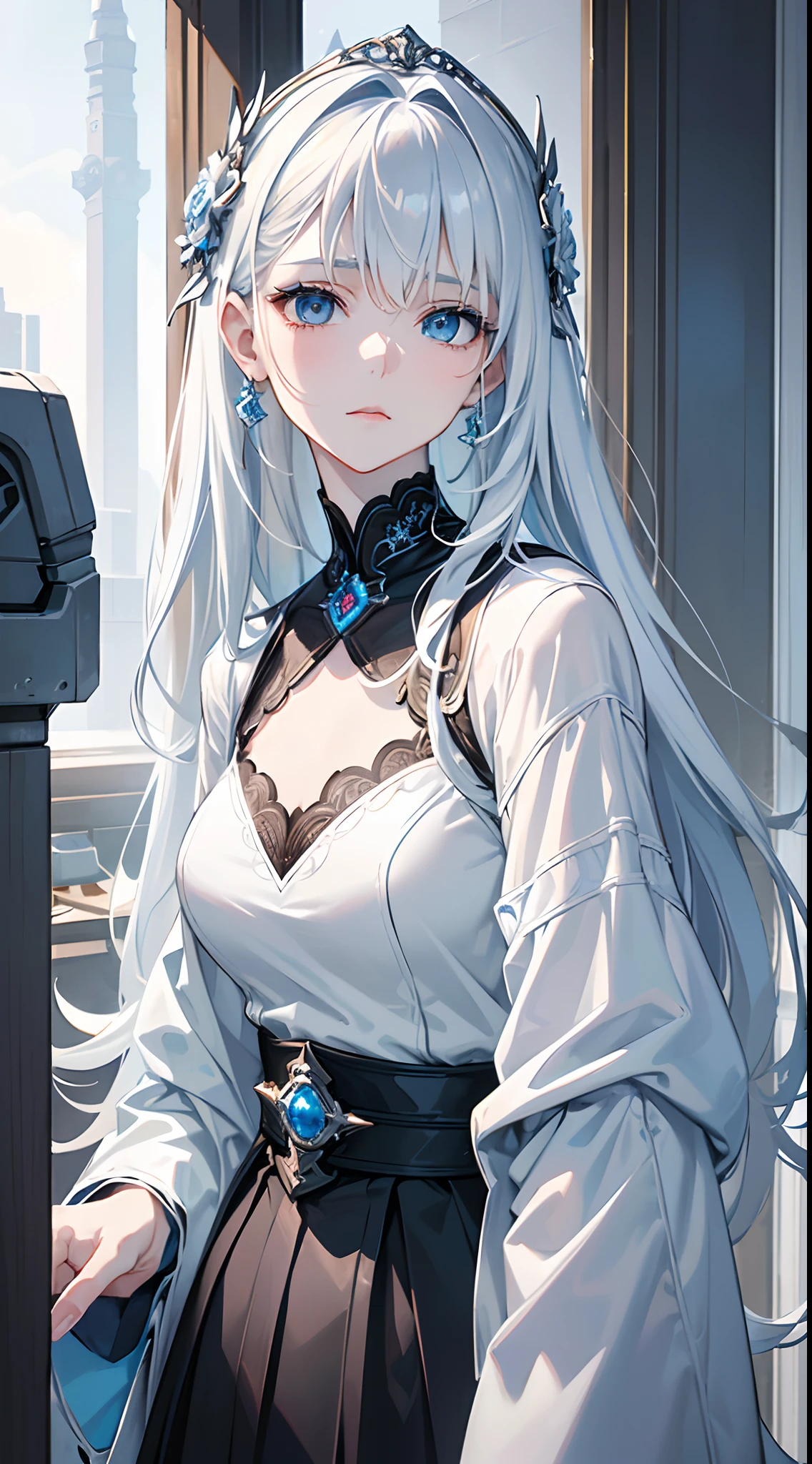 masterpiece, highlydetailed, ultra-detailed, cold, solo, (1woman), (pale skin), icyblue eyes, frosty white hair, young lady, medium breasts, goddess, cool kuudere woman, (sci-fi), (modern casual clothes), sleepy, lazy, flat expression, (polite clothes), (close clothes), (future clothes), (black clothes), model, actress, potrait