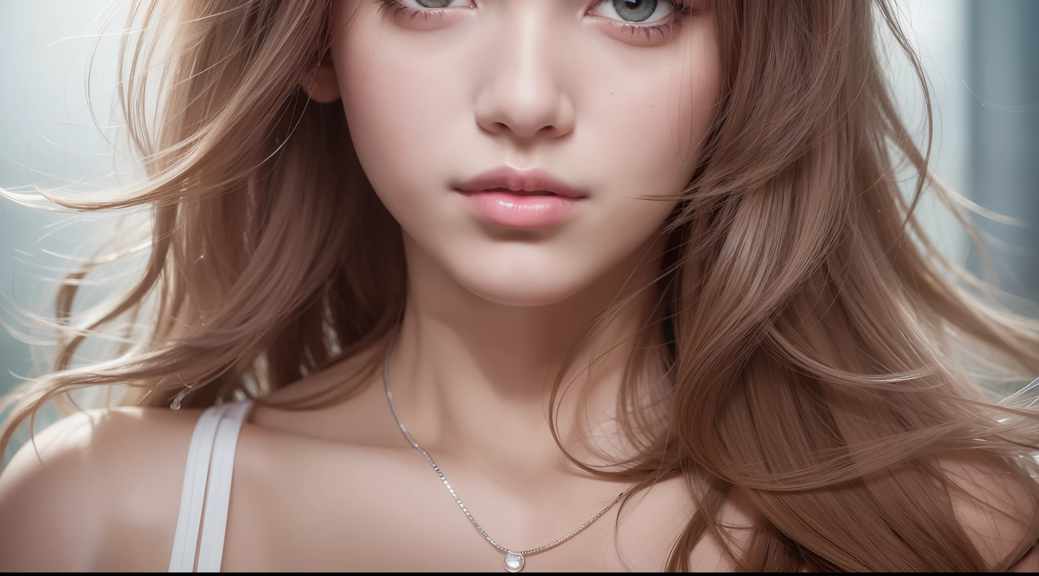 Full face portrait of a 21 year old European girl, RAW, beautiful woman, half-open strawberry lips, dimples, longing look, (extra long wavy brown hair), ((detailed face)), ((detailed facial features)), (delicate skin), pale skin, (wearing transparent white tulle fluttering in the wind) , cyberpunk metropolitan environment, (cool colors) (masterpiece) (perfect proportions) (realistic photos) (best quality) (detailed) Shot on the Canon EOS R5, 50mm lens, f/2.8, HDR, (8k) (wallpaper) (cinematic lighting) (dramatic lighting) (sharp focus) (complex), raw photo, raw photo, gigachad photo, pose camera, cocked arm, 8k ultra hd, DSLR, high quality, grain film, fujifilm XT3, super complex, perfect details, marvel at great works, almost transparent white lingerie, perfect figure, seductive eyes