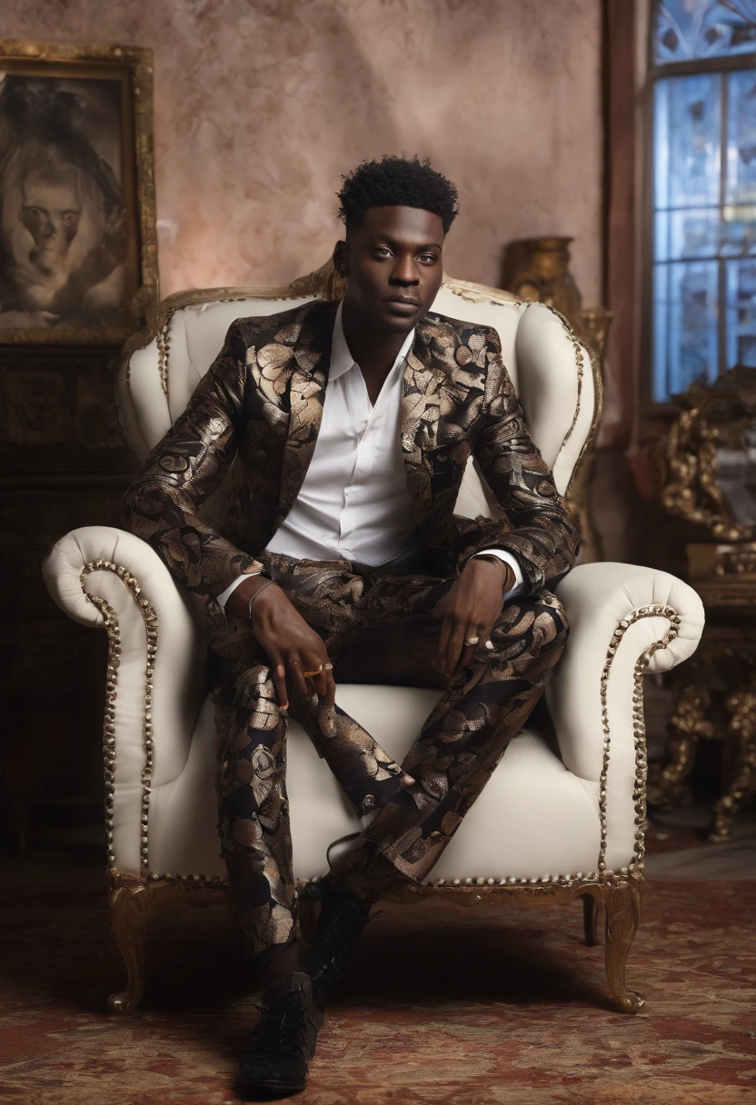 jeune homme ???? africain, Wearing modern singing artist clothes sitting in an armchair, Very realistic abstract studio photo background, fantastique, Shot with a professional camera with moderate depth of field, corps complet