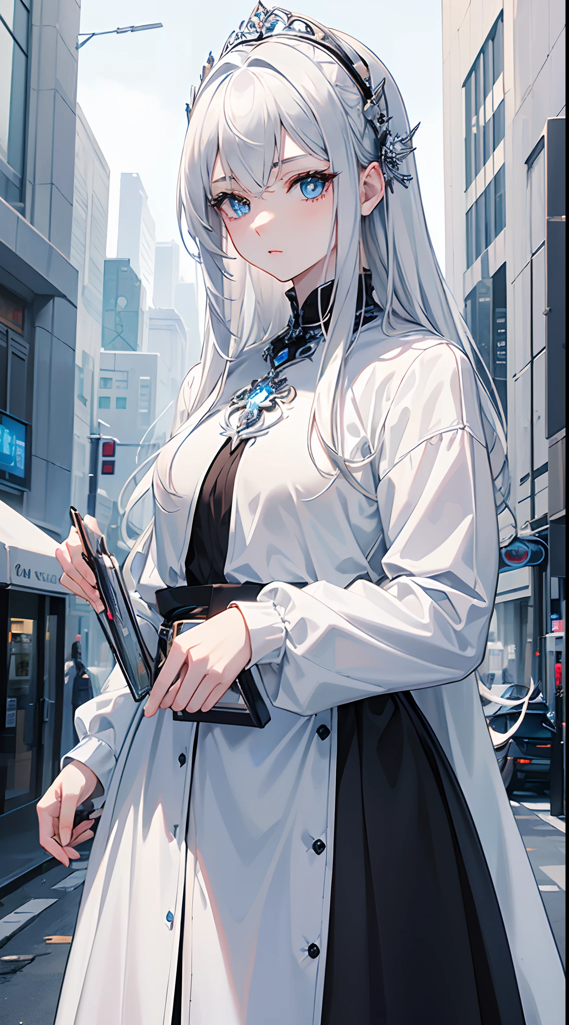 masterpiece, highlydetailed, ultra-detailed, cold, solo, (1woman), (pale skin), icyblue eyes, frosty white hair, young lady, medium breasts, goddess, cool kuudere woman, (sci-fi), (modern casual clothes), sleepy, lazy, flat expression, (polite clothes), (close clothes), (future clothes), (black clothes), model, actress, potrait
