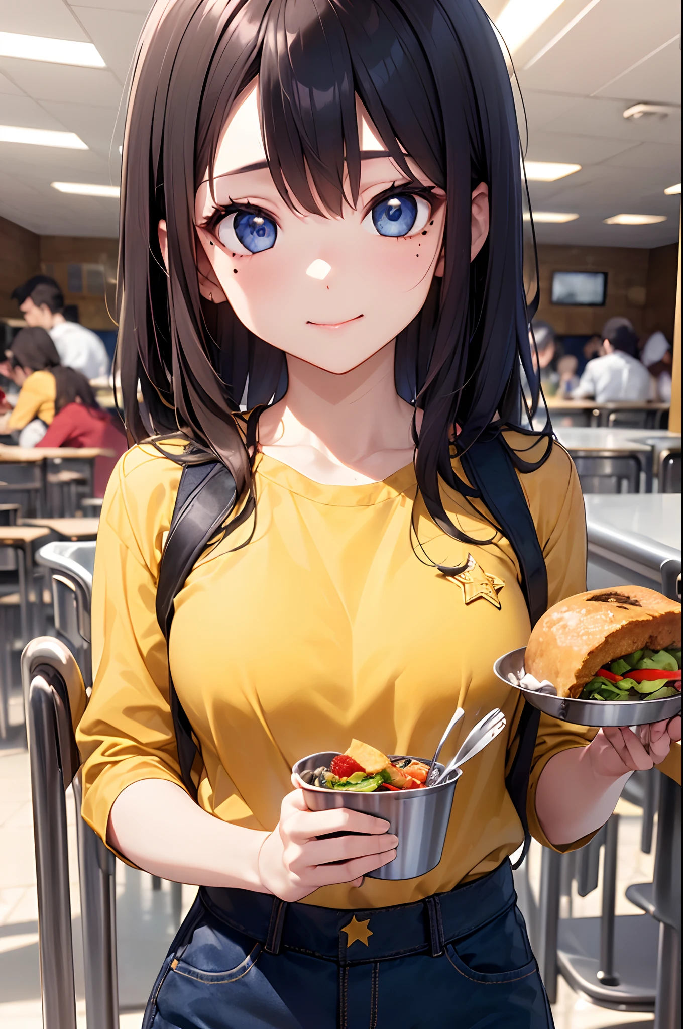 (Girl with a nasty appearance:1.3)、(cafeteria:1.5)、(and chest:1.4)、Raw photography, top-quality, hight resolution, (masterpiece), (Photorealsitic:1.4), (Mole under the eyes),Anime Cosplay, foco nítido, nffsw, 8K分辨率, intricate detailes, depth of fields, the Extremely Detailed CG Unity 8K Wallpapers, front lit, femele,25-years old、 Happy face、(Odango Hair:1.5)、(Eat school lunch:1.5)、see -through、(Medium black hair)、blue eyess,(Stars in the eyes:1.5)、(Yellow shirt and black skinny pants:1.3)、Background Style Style
