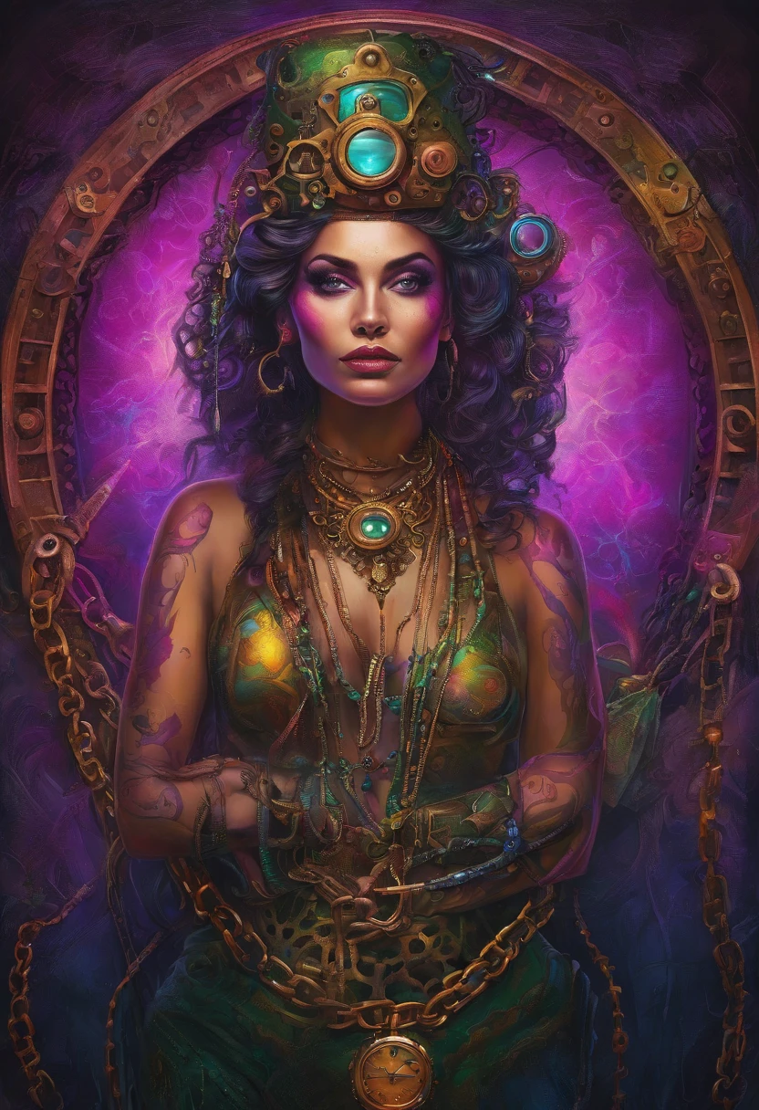 a digital painting of a woman with chains around her neck, intricate artwork. neon eyes, dripping in neon paint, neon vibes, neon and dark, neon PURPLE, Turquoise,PINK, GREEN, airbrush digital art, neon digital art, airbrush art, neon ink, inspired by Mike Winkelmann, stunning artwork, 3 d neon art of a womens body, vibrant colors hyper realism