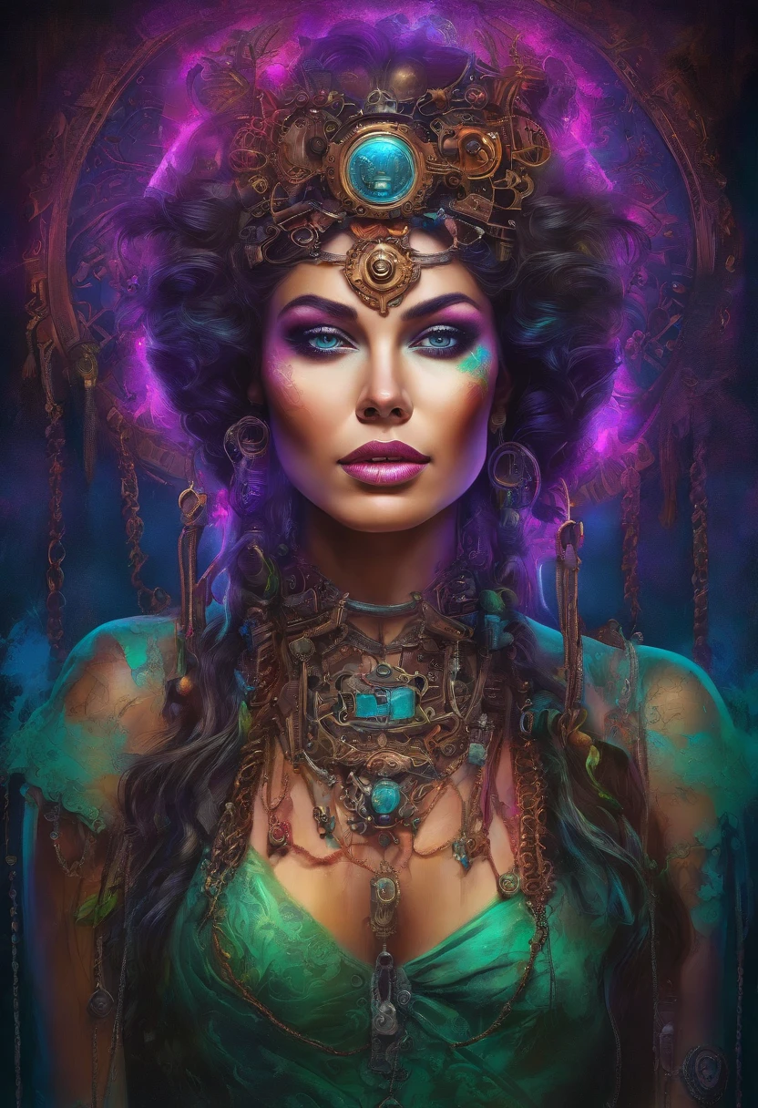 a digital painting of a woman with chains around her neck, intricate artwork. neon eyes, dripping in neon paint, neon vibes, neon and dark, neon PURPLE, Turquoise,PINK, GREEN, airbrush digital art, neon digital art, airbrush art, neon ink, inspired by Mike Winkelmann, stunning artwork, 3 d neon art of a womens body, vibrant colors hyper realism