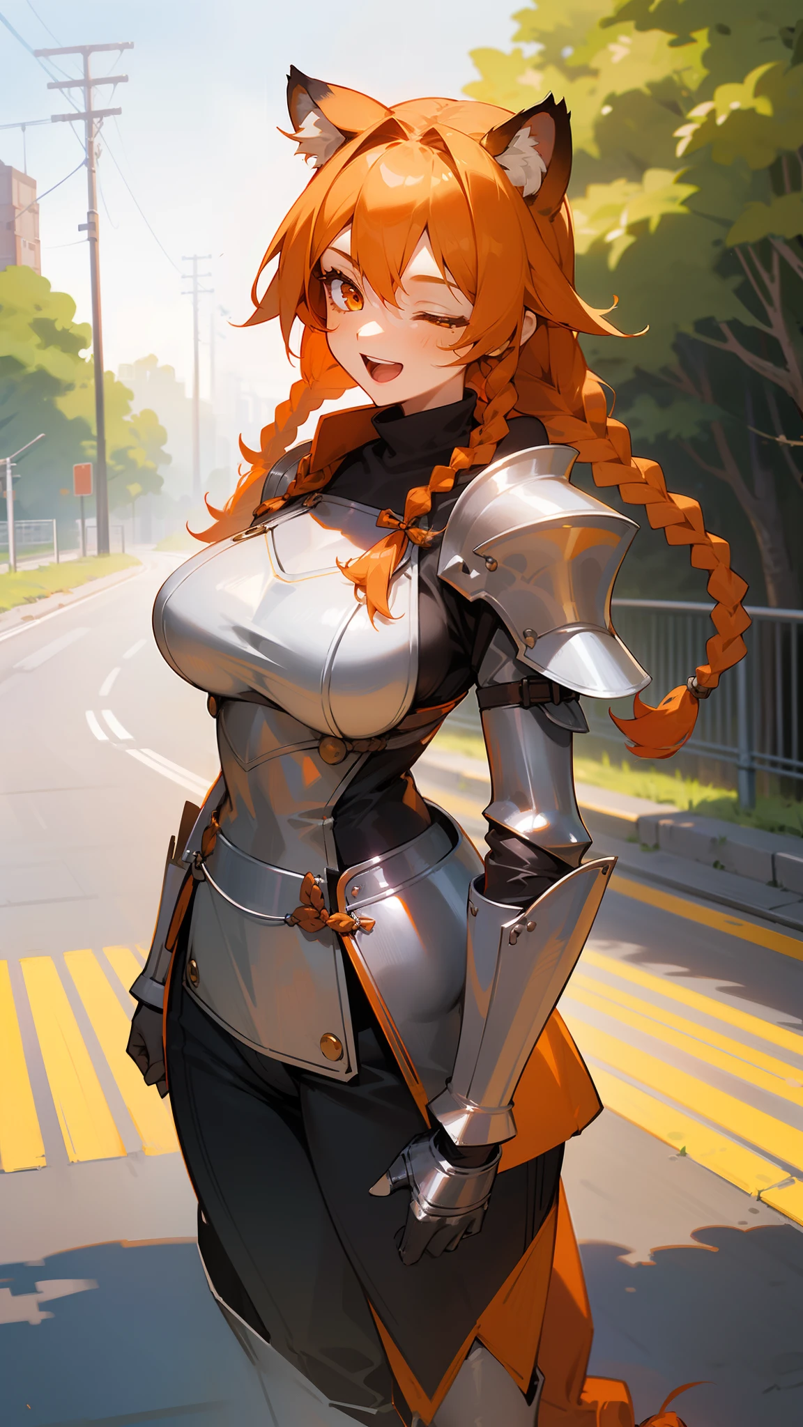 1girl,30s,tall,mature female,tiger ears,(twin braids:1.2),orange hair,orange eye,long hair,solo,(silver templar knight outfit,knight),happy face,smile,open mouth,(((standing in a road))),medium breasts,large thighs, one eye closed,cowboy shot,