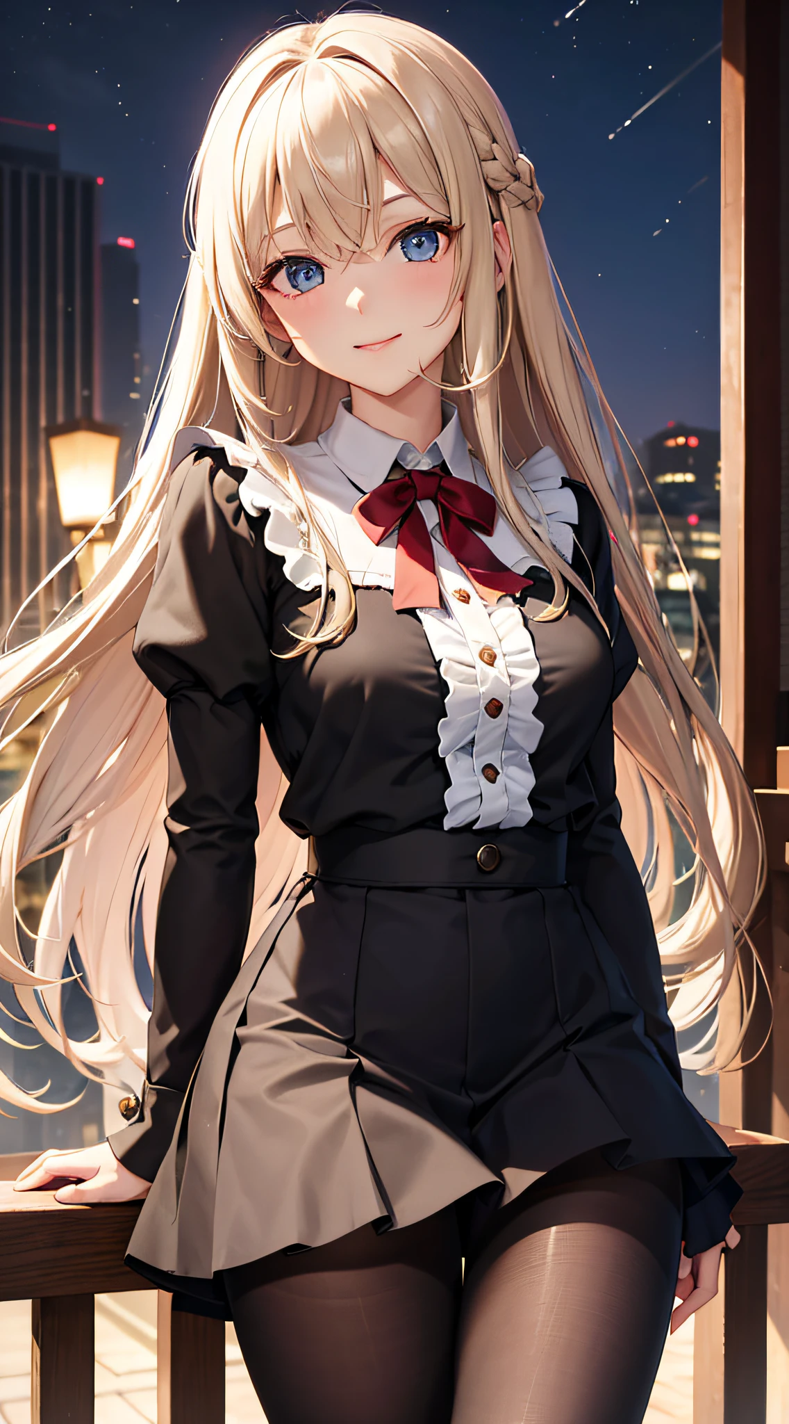 masterpiece, best quality, absurdres, looking at viewer, solo, rita rossweisse (summer night's dream), rita rossweisse, shirt, pantyhose, red rose, blue eyes, blonde hair, long sleeves, button gap, mole under eye, (hair over one eye), frilled shirt, white shirt, seductive smile, (ulzzang-6500:0.8), long hair, day, outdoors black pantyhose