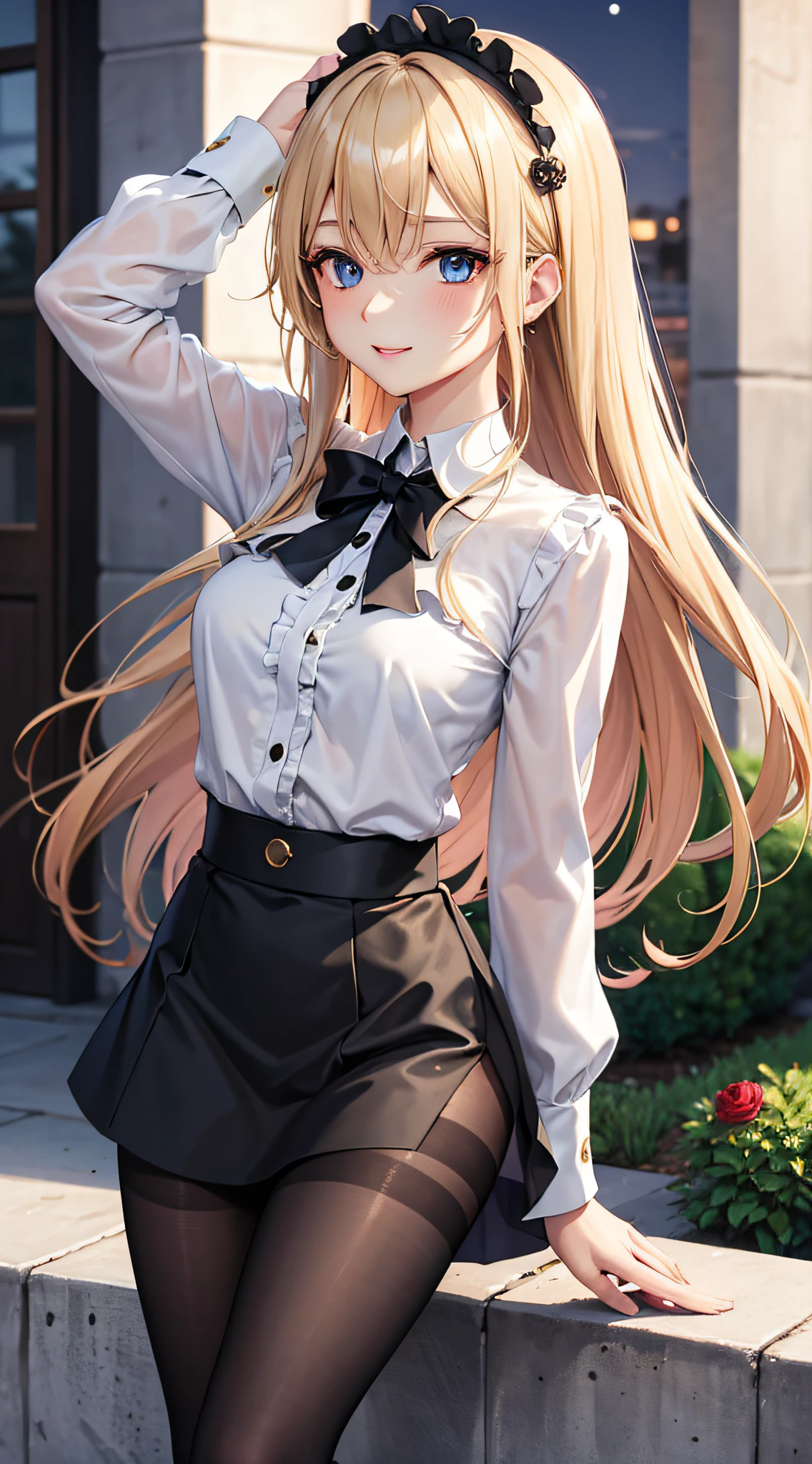masterpiece, best quality,  absurdres, looking at viewer, solo, rita rossweisse (summer night's dream), rita rossweisse, shirt, pantyhose, red rose, blue eyes, blonde hair, long sleeves, button gap, mole under eye, (hair over one eye),  frilled shirt, white shirt,  seductive smile,  (ulzzang-6500:0.8), long hair, day, outdoors  black pantyhose