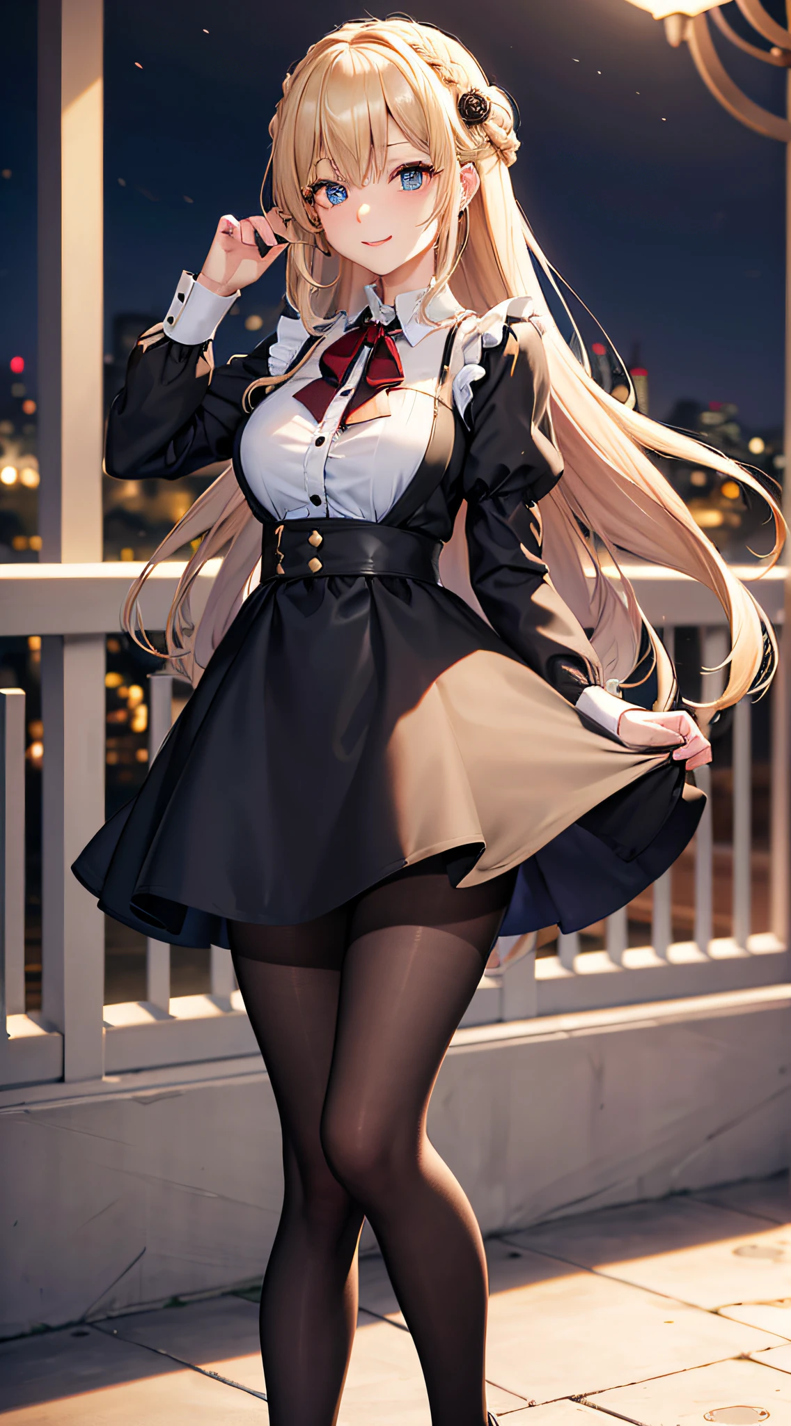 masterpiece, best quality,  absurdres, looking at viewer, solo, rita rossweisse (summer night's dream), rita rossweisse, shirt, pantyhose, red rose, blue eyes, blonde hair, long sleeves, button gap, mole under eye, (hair over one eye),  frilled shirt, white shirt,  seductive smile,  (ulzzang-6500:0.8), long hair, day, outdoors  black pantyhose