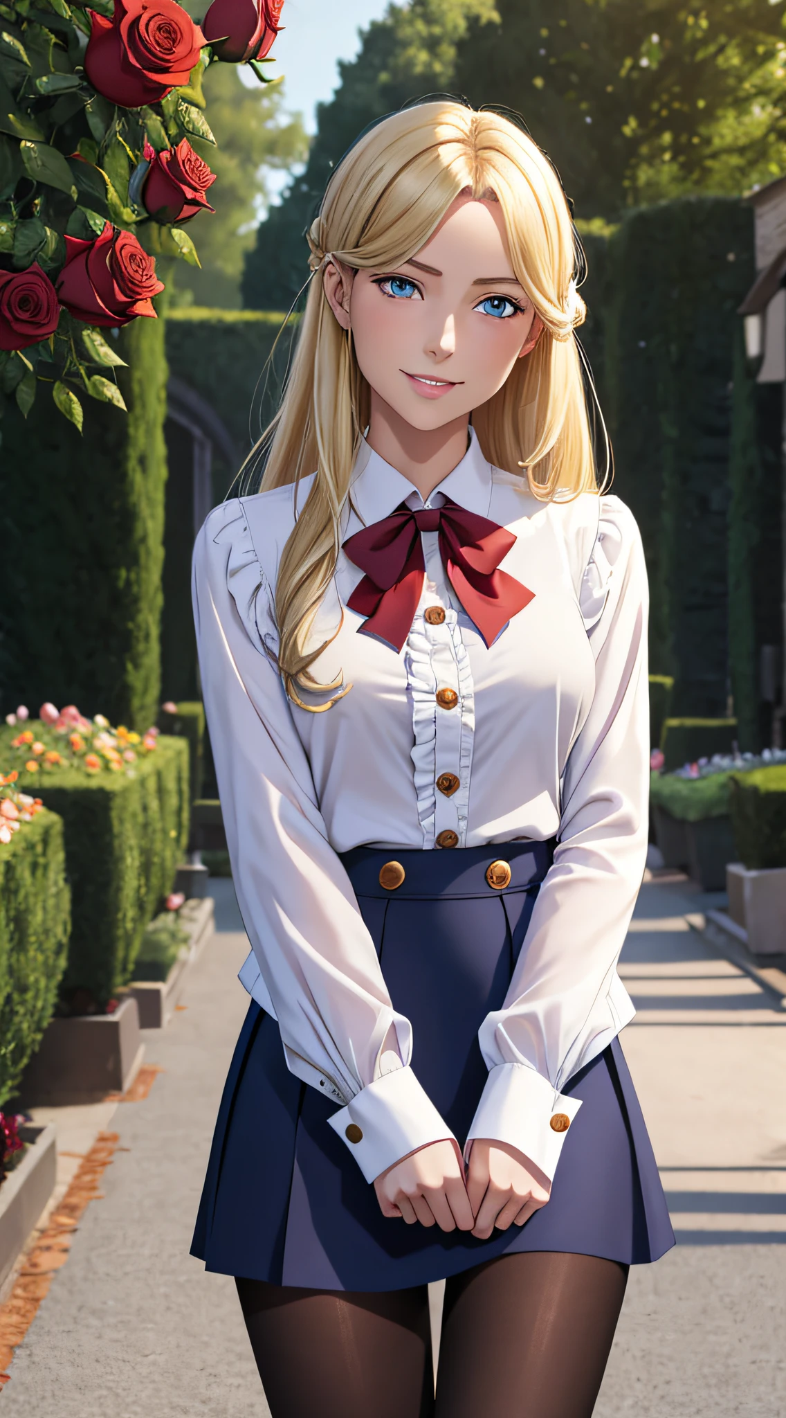 masterpiece, best quality, absurdres, looking at viewer, solo, rita rossweisse (summer night's dream), rita rossweisse, shirt, pantyhose, red rose, blue eyes, blonde hair, long sleeves, button gap, mole under eye, (hair over one eye), frilled shirt, white shirt, seductive smile, (ulzzang-6500:0.8), long hair, day, outdoors black pantyhose