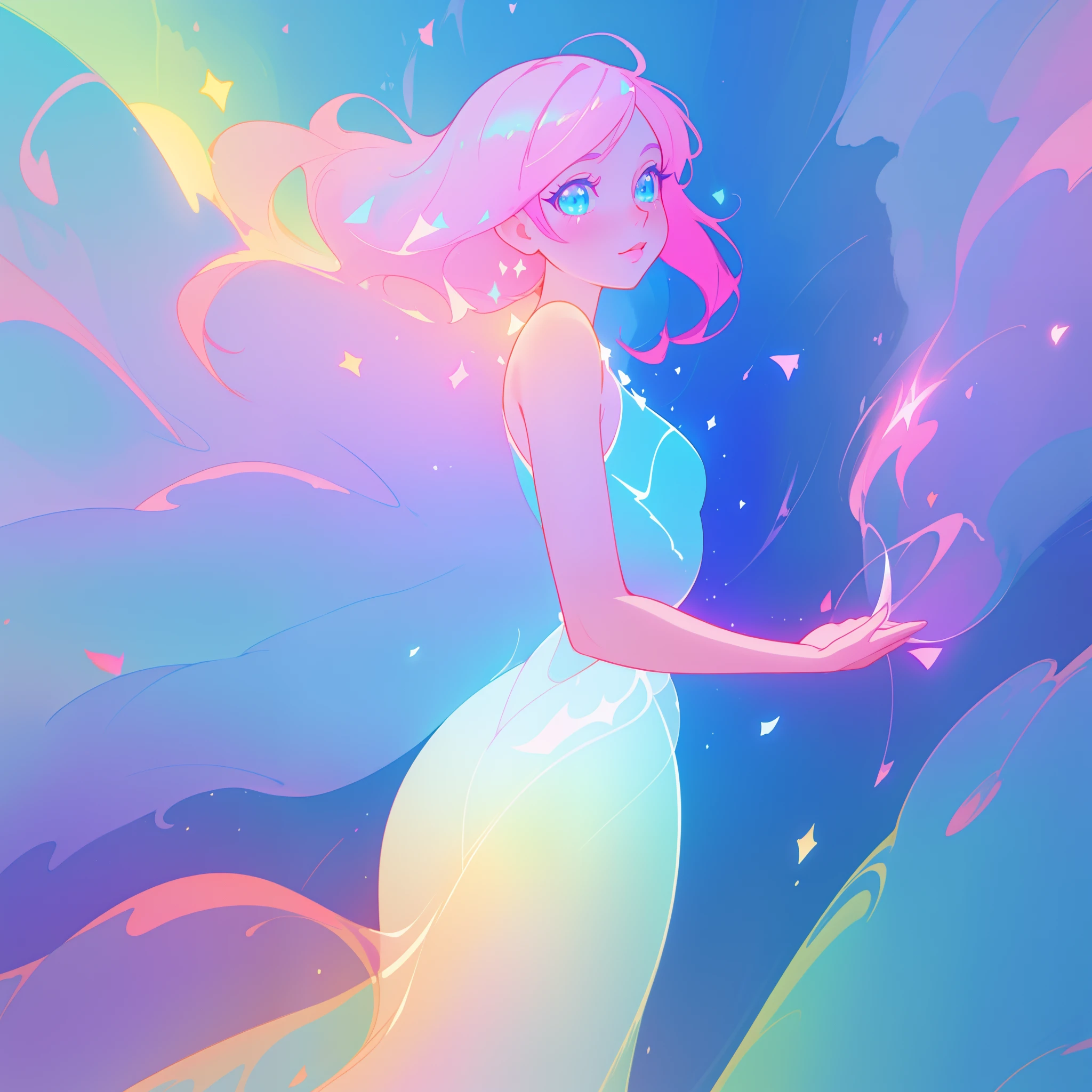 beautiful anime girl in colorful liquid dress, vibrant pastel colors, (colorful), magical lights, sparkling lines of light, inspired by Glen Keane, inspired by Lois van Baarle, disney art style, by Lois van Baarle, glowing aura around her, by Glen Keane, jen bartel, glowing lights! digital painting, flowing glowing hair, glowing flowing hair, beautiful digital illustration, fantasia background, whimsical, magical, fantasy, beautiful face, ((masterpiece, best quality)), intricate details, highly detailed, sharp focus, 8k resolution, sparkling detailed eyes, liquid watercolor
