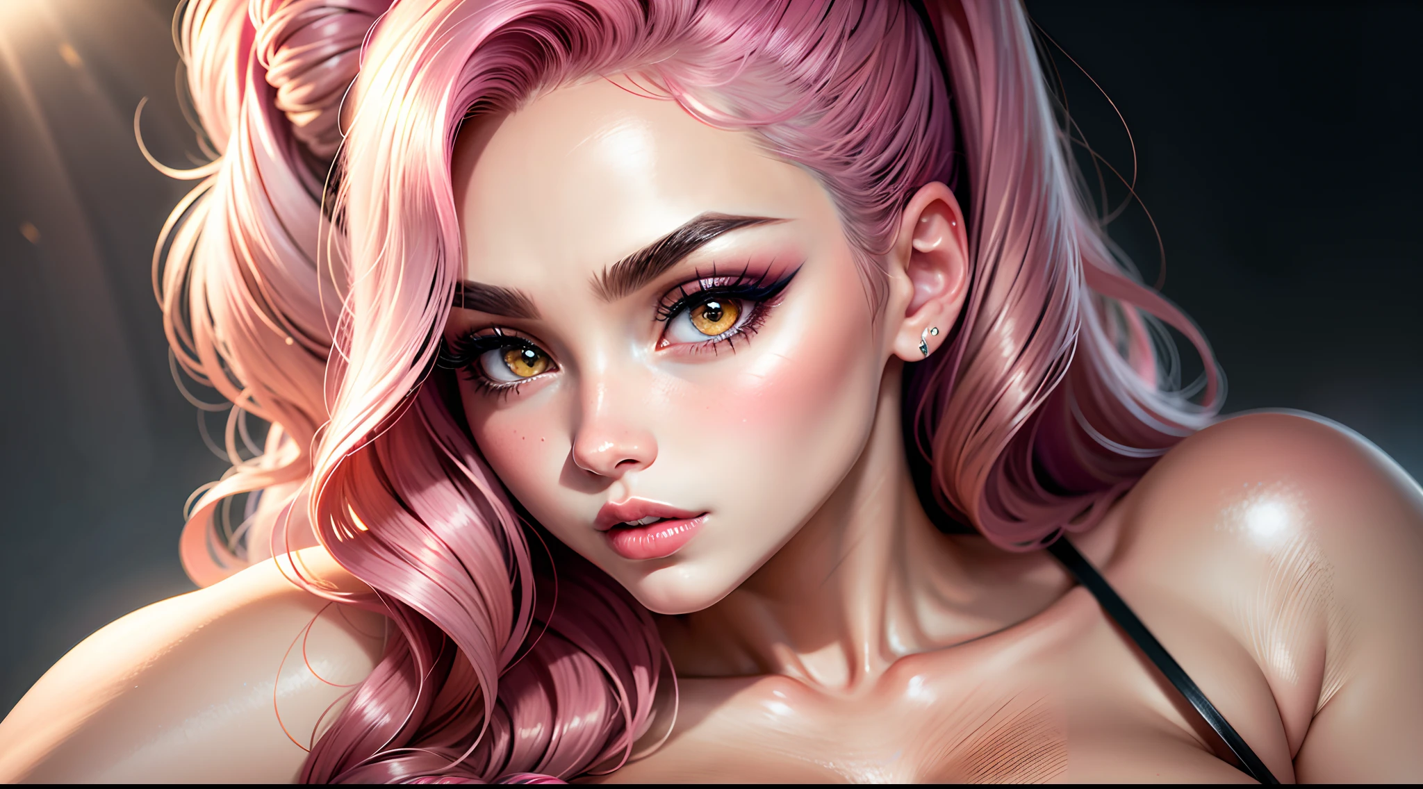 (8K, HDR, highres), ((((Photography, RAW photo, hyperrealism, masterpiece, best quality, ultra highres)))), (pin light, back light, backlighting, cinematic light), sharp focus:1. 4, (hyper detail, finely detailed), face close-up, close-up,
1girl, Oval-shaped face,
Large and pretty cat-like eyes with thick eyelashes,
Pointy nose,
Small and pretty but plump lips,
Thick eyebrows,
Long and pretty eyelashes,
Transparent makeup with a touch of pink blush and sparkling lip gloss,
Long wavy hairstyle,
