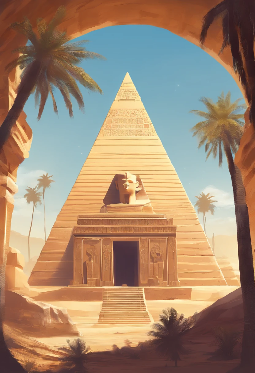 (((sarcophagus)))best quality, ultra-high resolution, 4K detailed CG, masterpiece, desert, aesthetics,sarcophagus, Beautiful image, centered on screen, pyramids in the background, palm trees