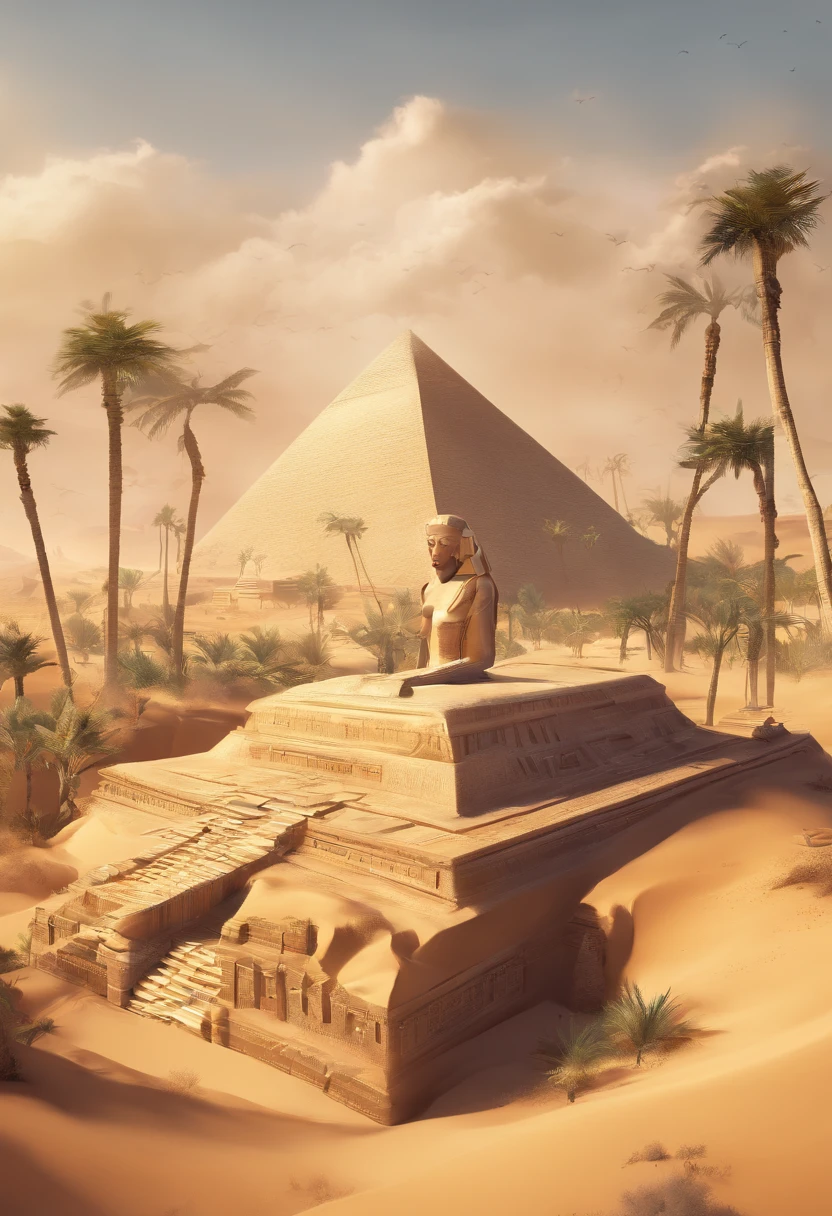 (((sarcophagus)))best quality, ultra-high resolution, 4K detailed CG, masterpiece, desert, aesthetics,sarcophagus, Beautiful image, centered on screen, pyramids in the background, palm trees