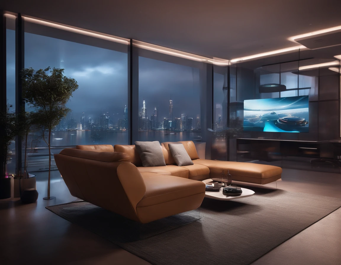 "Describe a scene of a futuristic living room in high-resolution 8K, designed in a three-dimensional environment. The room is immersed in a high-tech atmosphere, with glass walls that extend from floor to ceiling, offering panoramic views of a futuristic city illuminated by neon lights. In the center of the room, there is a modular and minimalist sofa, made of ultra-modern materials, with upholstery that ergonomically adapts to the body. Next to the sofa, there is a holographic coffee table displaying floating 3D images of news, art, and entertainment