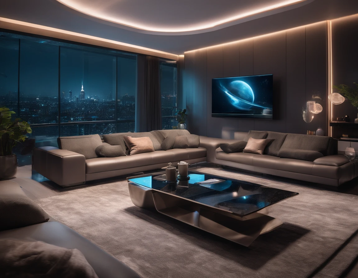 "Describe a scene of a futuristic living room in high-resolution 8K, designed in a three-dimensional environment. The room is immersed in a high-tech atmosphere, with glass walls that extend from floor to ceiling, offering panoramic views of a futuristic city illuminated by neon lights. In the center of the room, there is a modular and minimalist sofa, made of ultra-modern materials, with upholstery that ergonomically adapts to the body. Next to the sofa, there is a holographic coffee table displaying floating 3D images of news, art, and entertainment