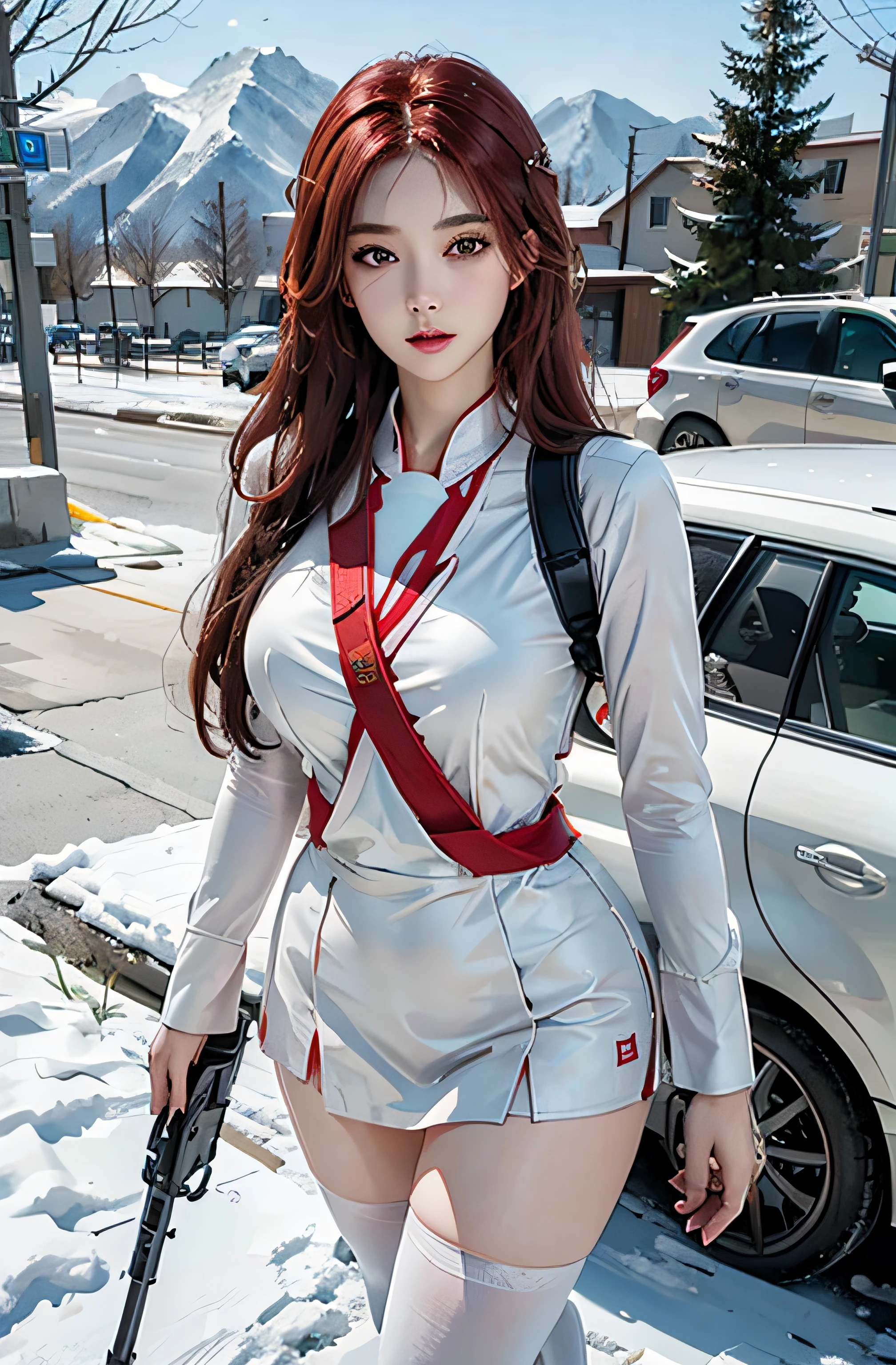 Photorealistic, high resolution, 1womanl, Solo, Hips up, view the viewer, (Detailed face),Red hair, Long hair, Nurse outfit, Stockings,Snow background, Girl aiming AK-47 assault rifle
