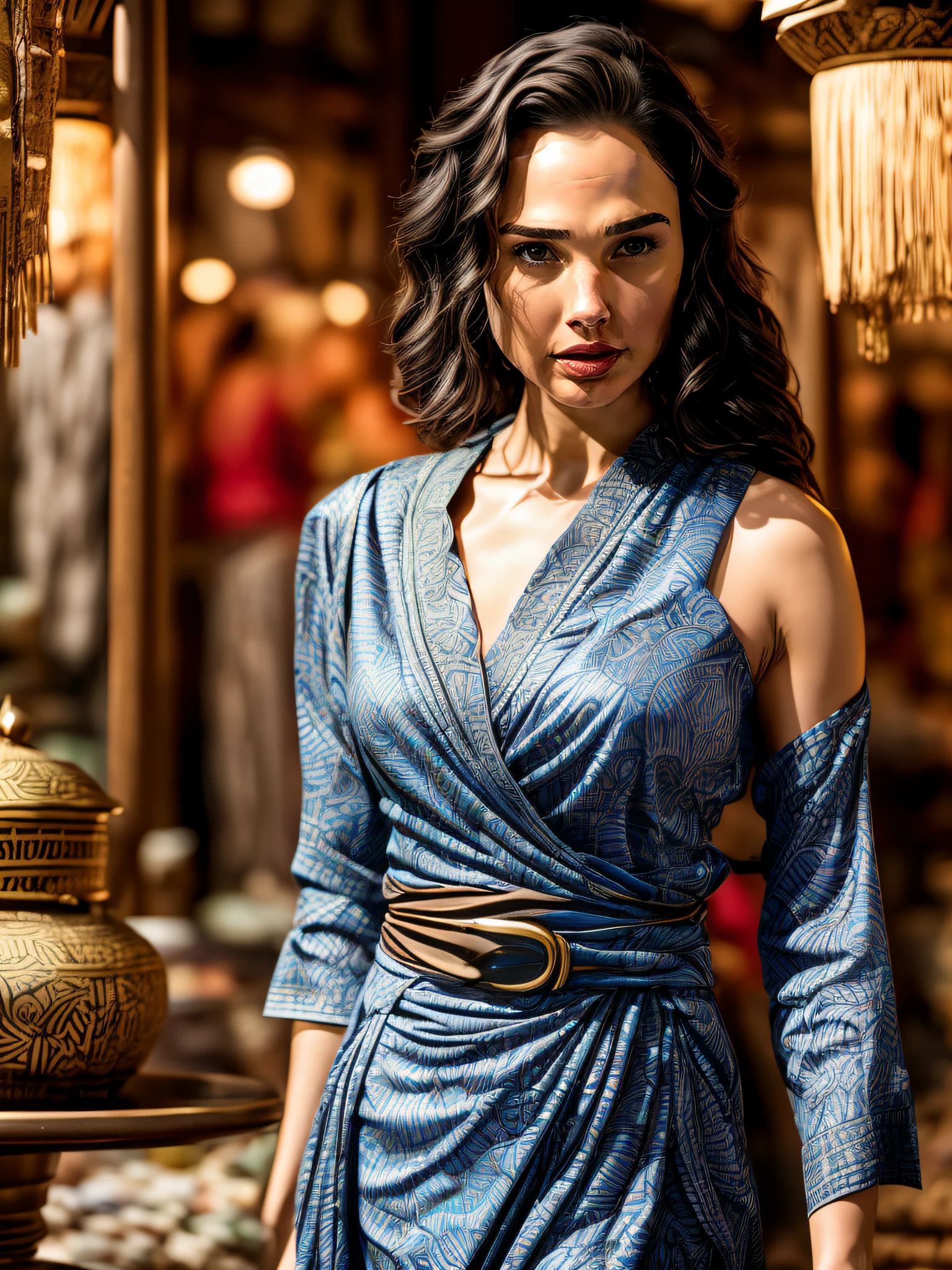 a cinematic photo scene of Gal Gadot as Wonder Woman (donning a casual Elegant Batik dress:1.2) at the Indonesian traditional batik market place, insanely detailed and intricate, ultra-sharp focus, masterpiece portrait photo work of Annie Leibovitz, hyper maximalist, ultra-high resolution, ultra-high definition,16k, professional color grading by Kenneth Hines Jr