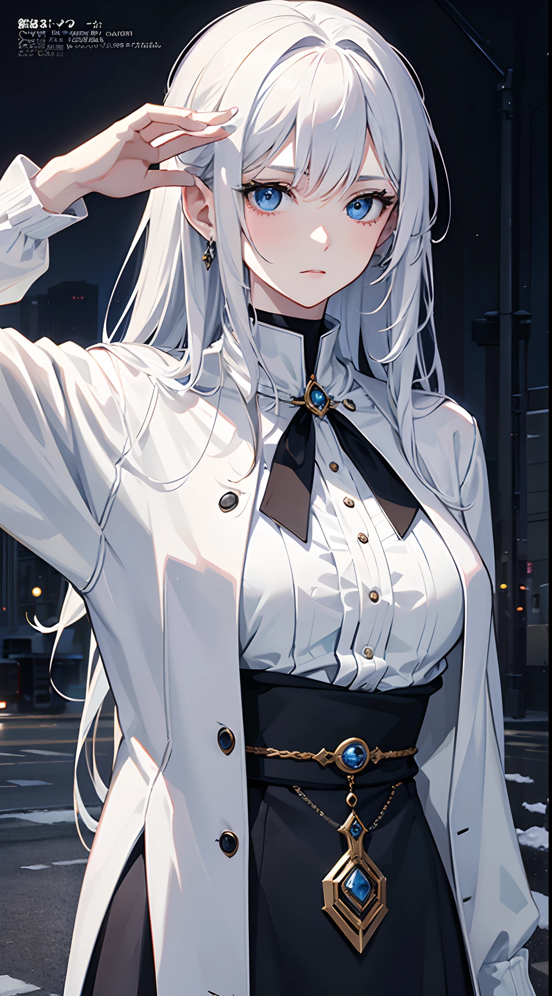 masterpiece, highlydetailed, ultra-detailed, cold, solo, (1woman), (pale skin), icyblue eyes, frosty white hair, young lady, medium breasts, goddess, cool kuudere woman, (sci-fi), (modern casual clothes), sleepy, lazy, flat expression, (polite clothes), (close clothes), (future clothes), (black clothes), model, actress, potrait, magazine cover