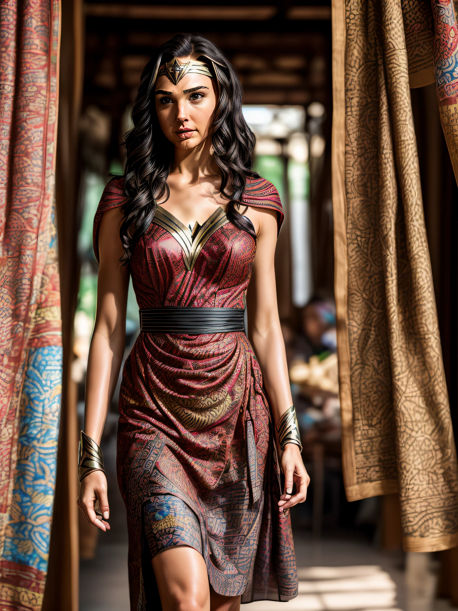 a cinematic photo scene of Gal Gadot as Wonder Woman (donning a casual Elegant Batik dress:1.2) at the Indonesian traditional batik market place, insanely detailed and intricate, ultra-sharp focus, masterpiece portrait photo work of Annie Leibovitz, hyper maximalist, ultra-high resolution, ultra-high definition,16k, professional color grading by Kenneth Hines Jr