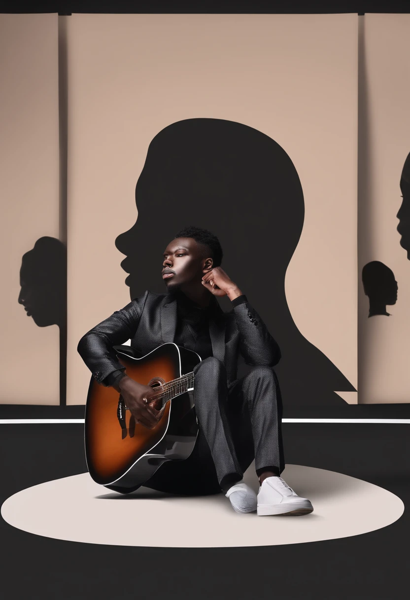 jeune homme noir africain, Wearing modern singing artist clothes sitting in an armchair, Very realistic abstract studio photo background, fantaisique, Shot with a professional camera with moderate depth of field, corps complet