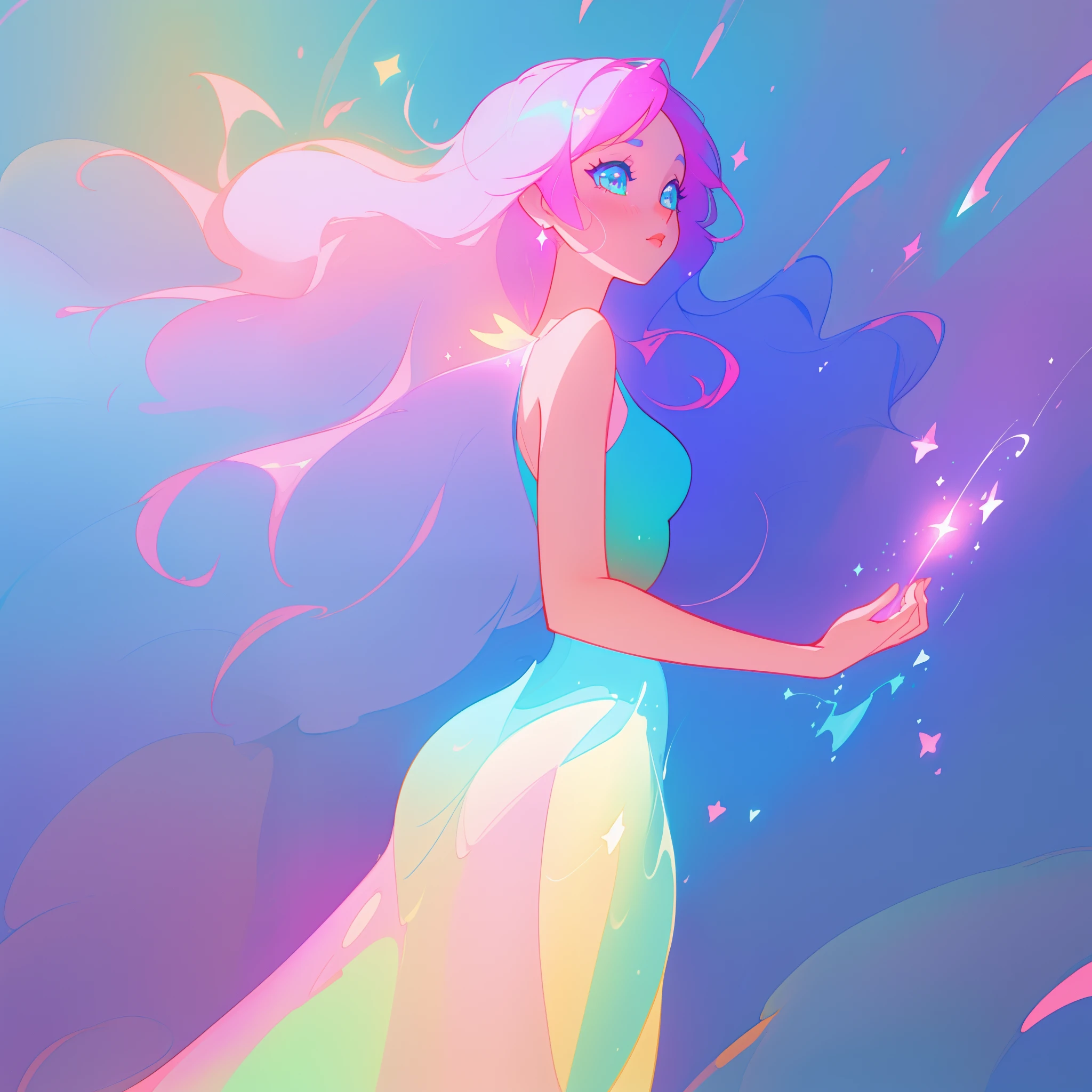 beautiful anime girl in colorful liquid dress, vibrant pastel colors, (colorful), magical lights, sparkling lines of light, inspired by Glen Keane, inspired by Lois van Baarle, disney art style, by Lois van Baarle, glowing aura around her, by Glen Keane, jen bartel, glowing lights! digital painting, flowing glowing hair, glowing flowing hair, beautiful digital illustration, fantasia background, whimsical, magical, fantasy, beautiful face, ((masterpiece, best quality)), intricate details, highly detailed, sharp focus, 8k resolution, sparkling detailed eyes, liquid watercolor