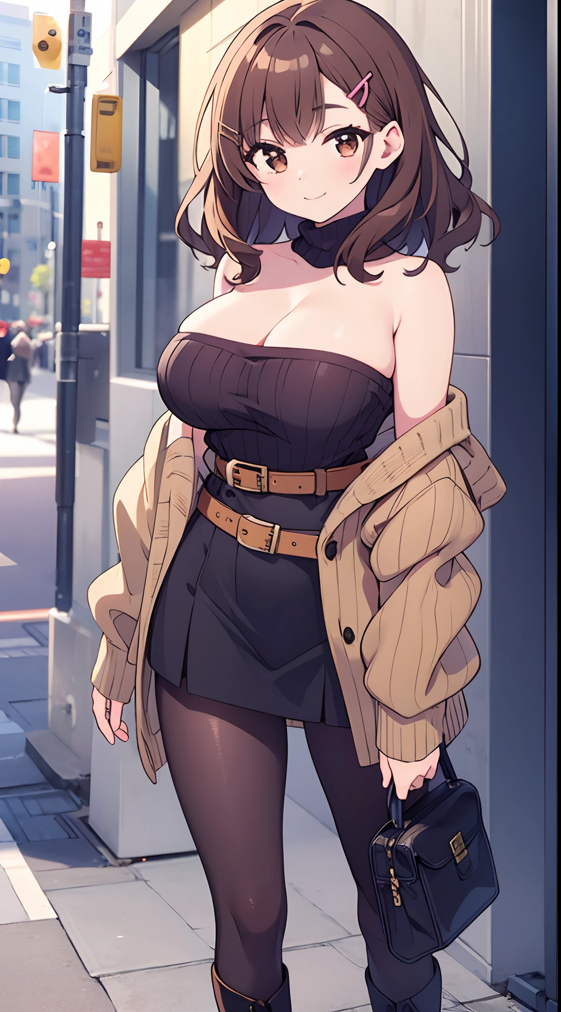 masterpiece,best quality,ultra detailed,8k,tall,big female,gigantic breasts,young,20 years old,medium hair,wavy hair,brown hair,hairclip,light smile,brown sweater,ribbed sweater,bare shoulders,detached sleeves,belt buckle,black tights,boots,strapless,