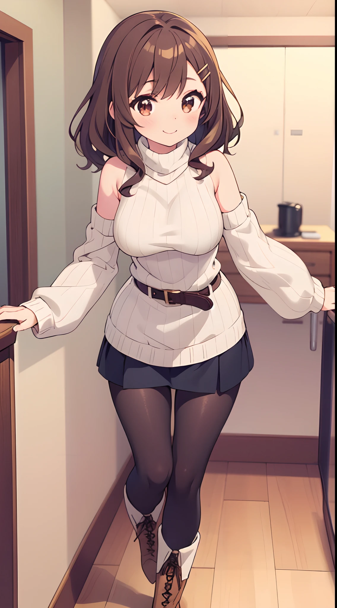 masterpiece,best quality,ultra detailed,8k,tall,big female,gigantic breasts,young,20 years old,medium hair,wavy hair,brown hair,hairclip,light smile,brown sweater,ribbed sweater,bare shoulders,detached sleeves,belt buckle,black tights,boots,strapless,