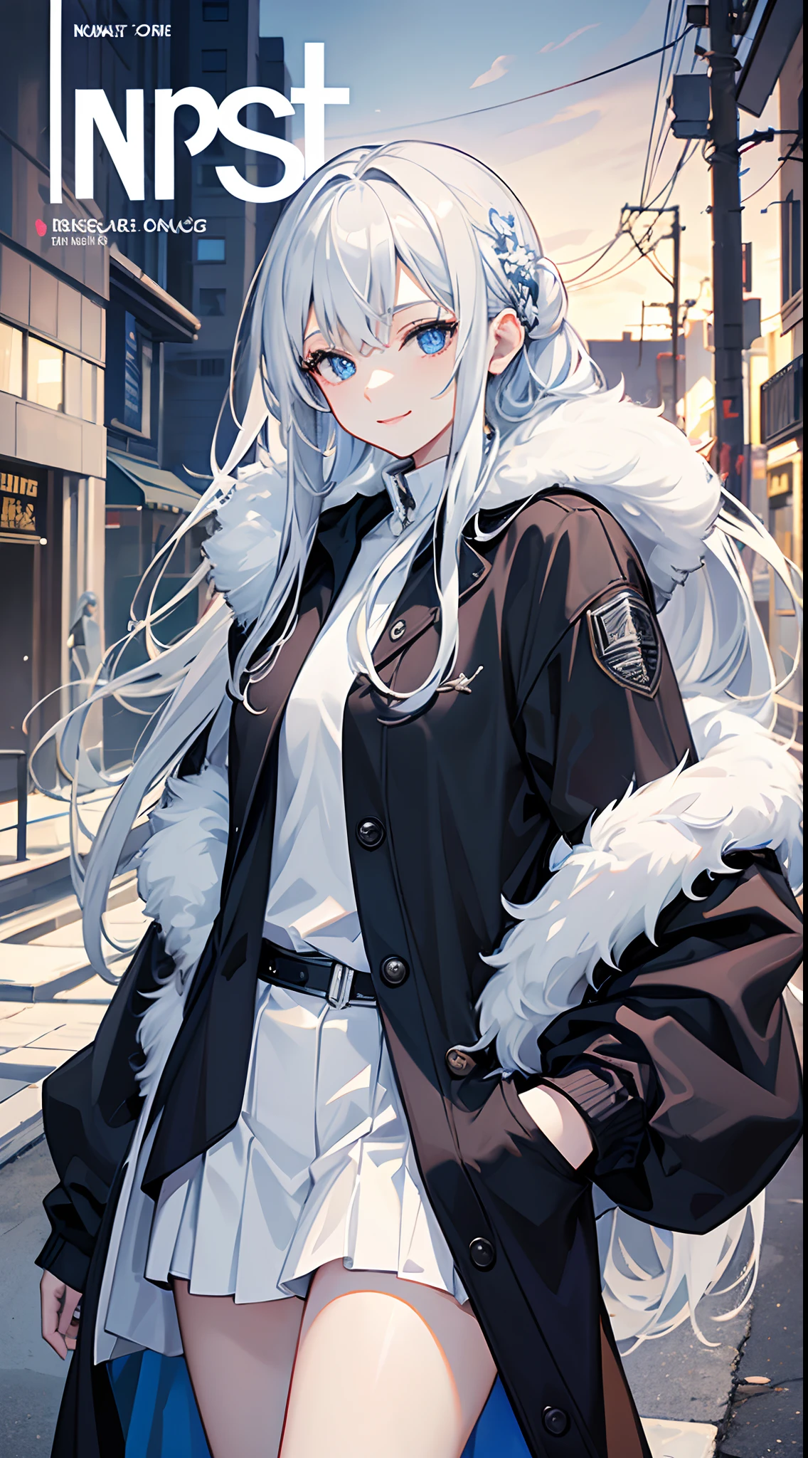 masterpiece, highlydetailed, ultra-detailed, cold, solo, (1woman), (pale skin), icyblue eyes, frosty white hair, young lady, medium breasts, goddess, cool kuudere woman, (sci-fi), (modern casual clothes), sleepy, lazy, flat expression, (polite clothes), (close clothes), (future clothes), (black clothes), model, actress, potrait, magazine cover, smile