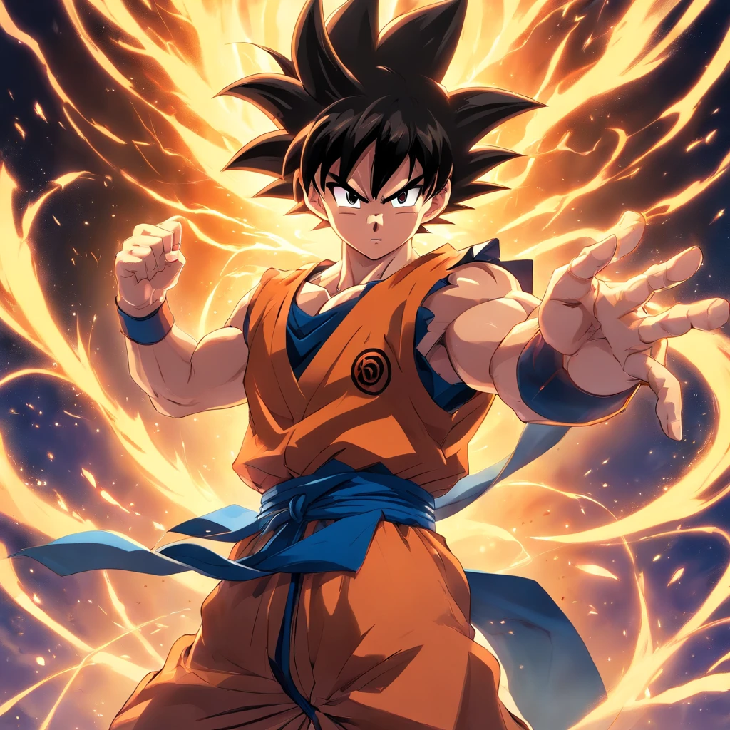 Goku em uma pose frontal, em um campo de batalha, feito por akira toriyama