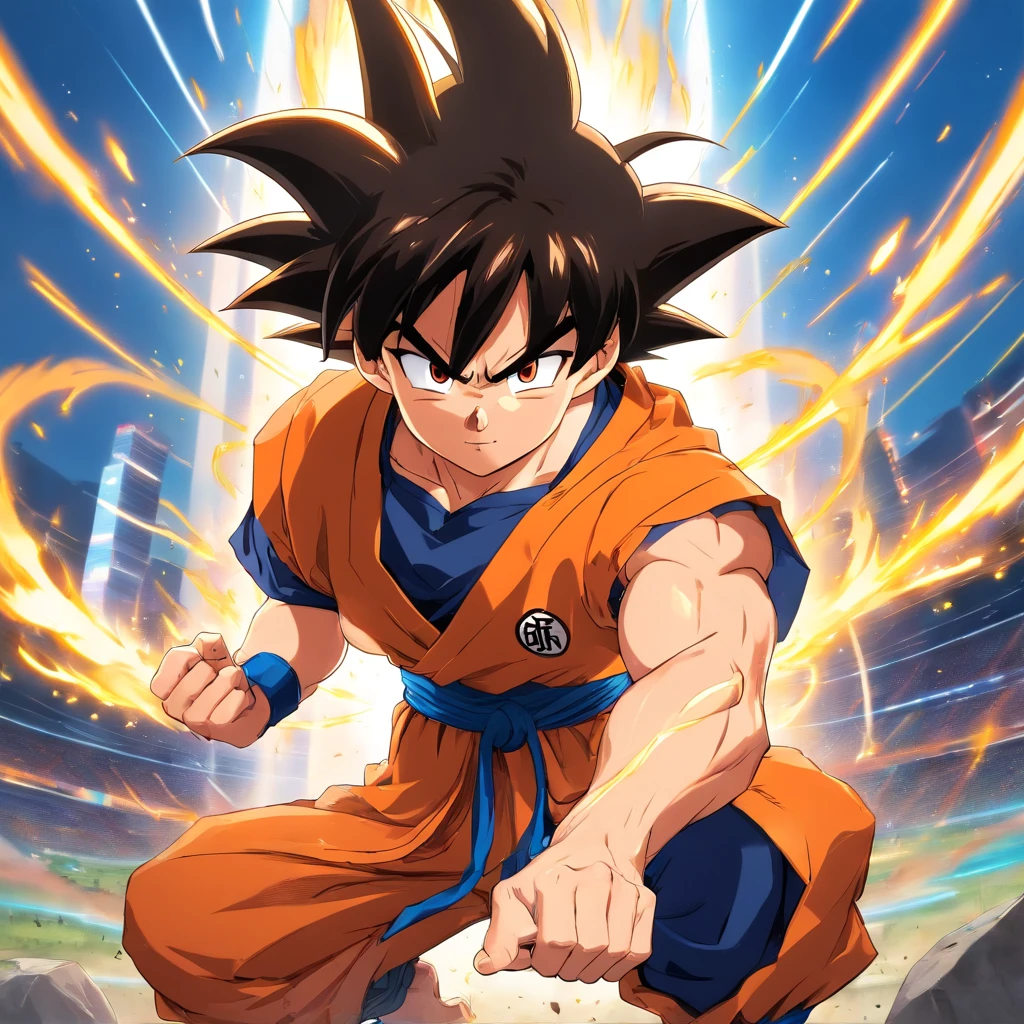Goku em uma pose frontal, em um campo de batalha, feito por akira toriyama