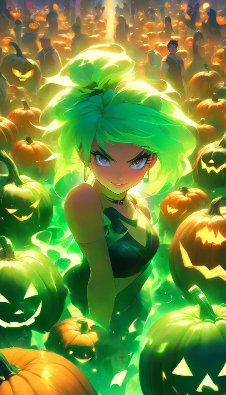 woman with green hair standing in front of pumpkins, lois van baarle and rossdraws, artgerm and lois van baarle, artgerm and rossdraws, rossdraws cartoon vibrant, beautiful succubus, ross tran style, rossdraws 2. 5, inspired by Ross Tran, halloween art style, extremely detailed artgerm IRIDICENT COLORS VIBRANT COLORS