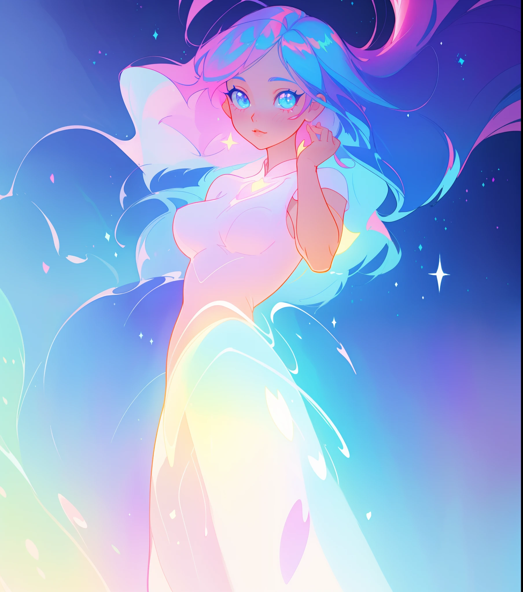 beautiful anime girl in colorful liquid dress, vibrant pastel colors, (colorful), magical lights, sparkling lines of light, inspired by Glen Keane, inspired by Lois van Baarle, disney art style, by Lois van Baarle, glowing aura around her, by Glen Keane, jen bartel, glowing lights! digital painting, flowing glowing hair, glowing flowing hair, beautiful digital illustration, fantasia background, whimsical, magical, fantasy, beautiful face, ((masterpiece, best quality)), intricate details, highly detailed, sharp focus, 8k resolution, sparkling detailed eyes, liquid watercolor