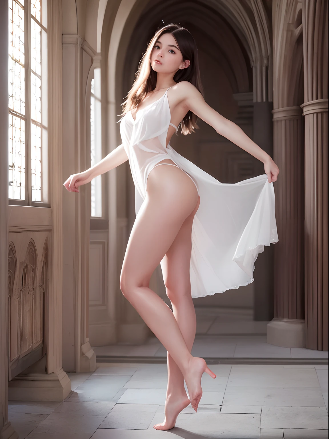 Highest Quality, excellent details, 超A high resolution, (fidelity: 1.4), The best illustrations, Photograph the whole body,favor details, Highly condensed 1girl, with a delicate and beautiful face, Delicate collarbones, hightquality, Shyness,Frolic,dance,Soft buttocks,toppless,bare upper body,In the cathedral