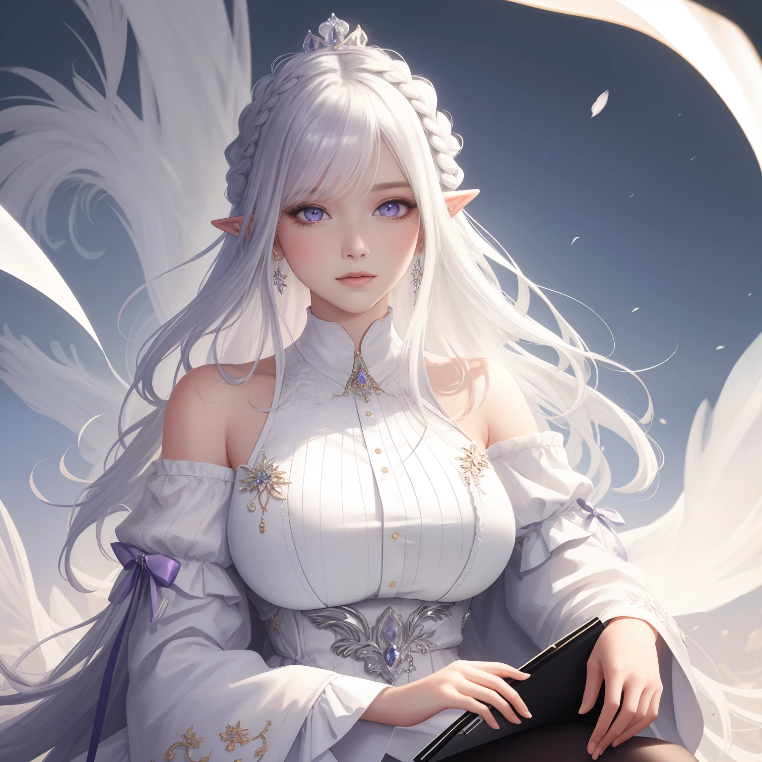 Best quality at best,highly detailed,tmasterpiece,ultra - detailed,(Fidelity:1.2),1个Giant Breast Girl,(white backgrounid),Delicate background,Elaborate Eyes,Silvery hair,a purple eye,Hair_decorations,(white offshoulder shirt:1.3),Long hair,pointy ears,crown braid,face expressionless,hair straight,(++Sit Pose:1.2),huge tit,