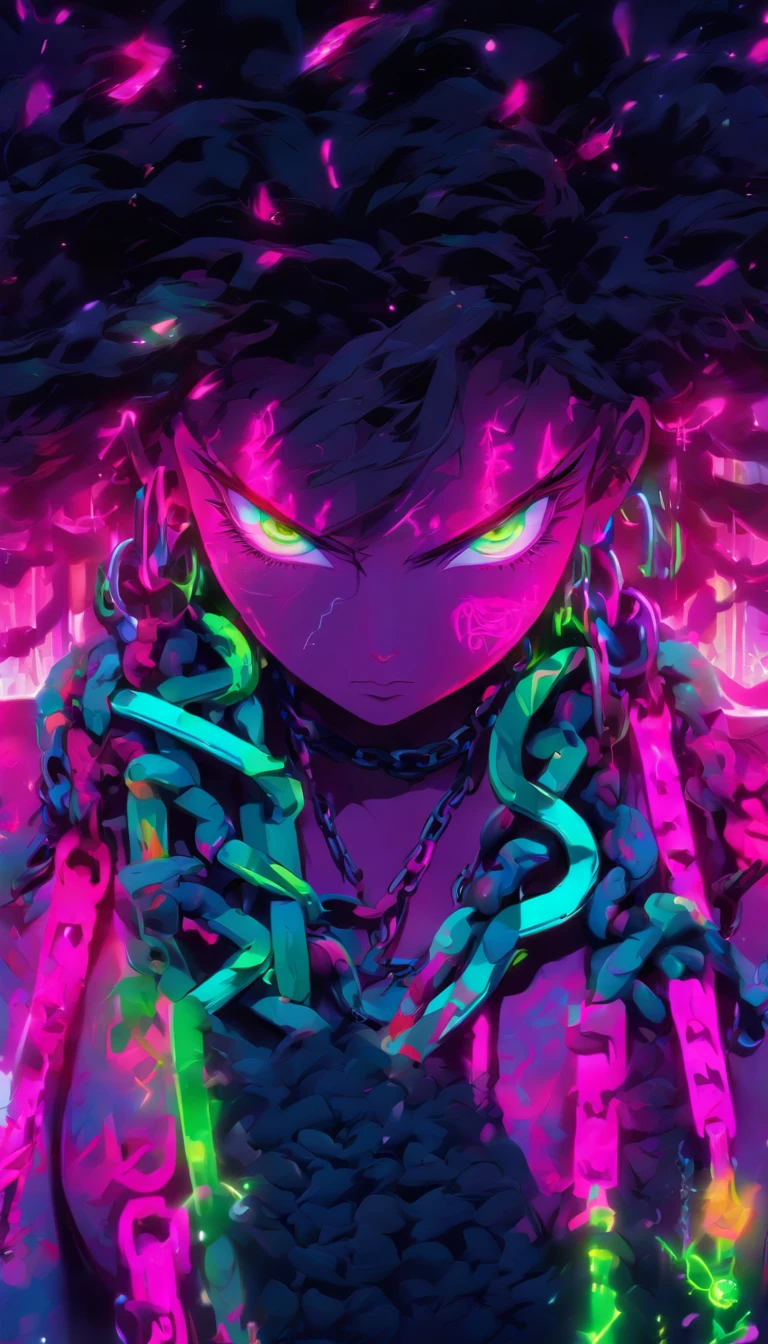 a digital painting of a woman with chains around her neck, intricate artwork. neon eyes, dripping in neon paint, neon vibes, neon and dark, neon PURPLE, Turquoise,PINK, GREEN, airbrush digital art, neon digital art, airbrush art, neon ink, inspired by Mike Winkelmann, stunning artwork, 3 d neon art of a womens body, vibrant colors hyper realism