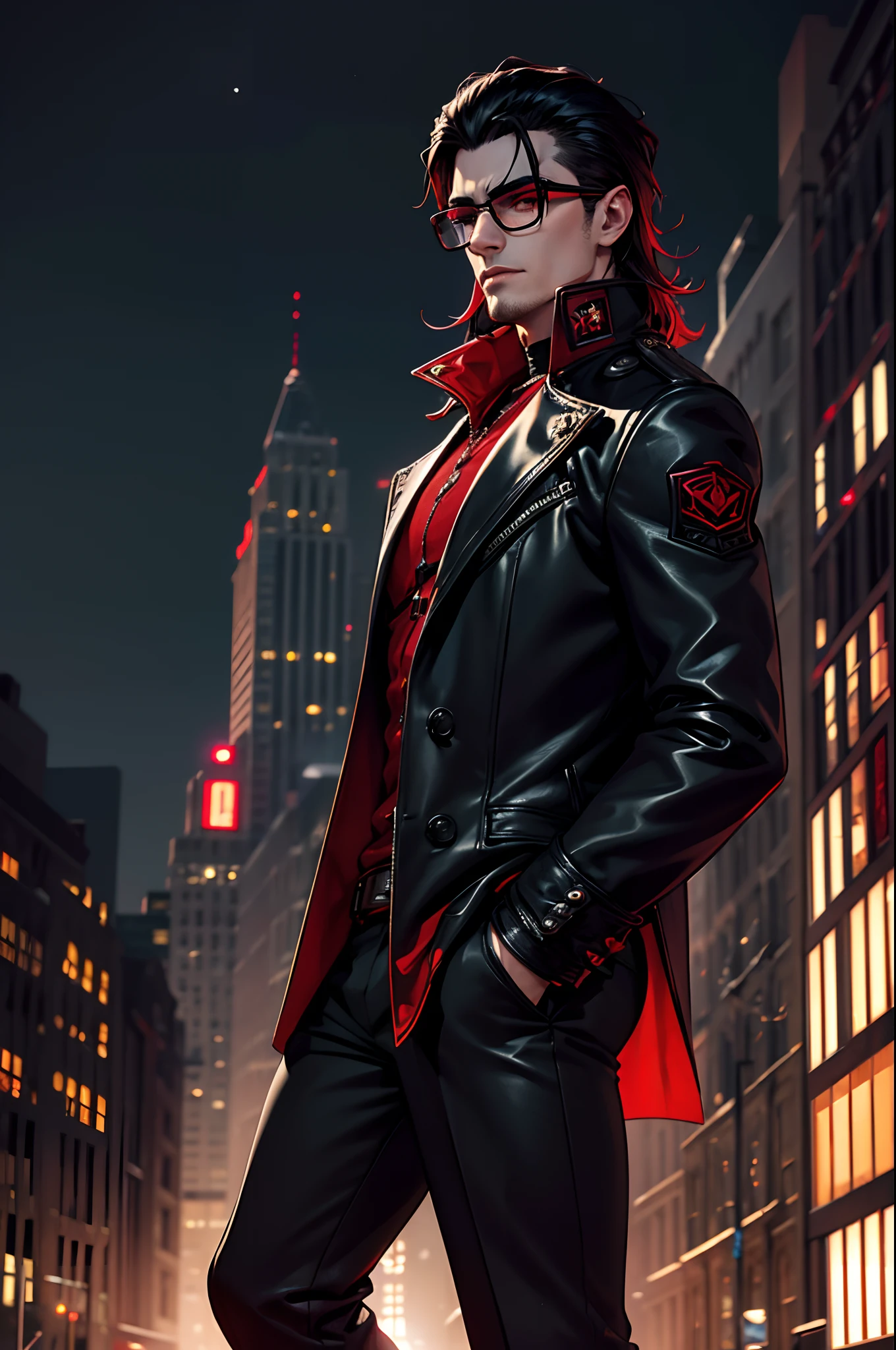 Um vampiro masculino na cidade de New York, usando jaqueta de couro, cabelo longo e preto, musculoso, cinto, sobretudo, coturno, night sky, cidade cheia, Buildings, Black and red clothes wearing glasses with a red lens.